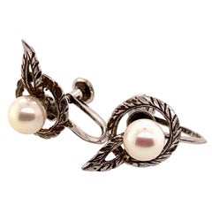 Retro Mikimoto Estate Earrings Sterling Silver 3.28 Grams 6.30 mm Pearls