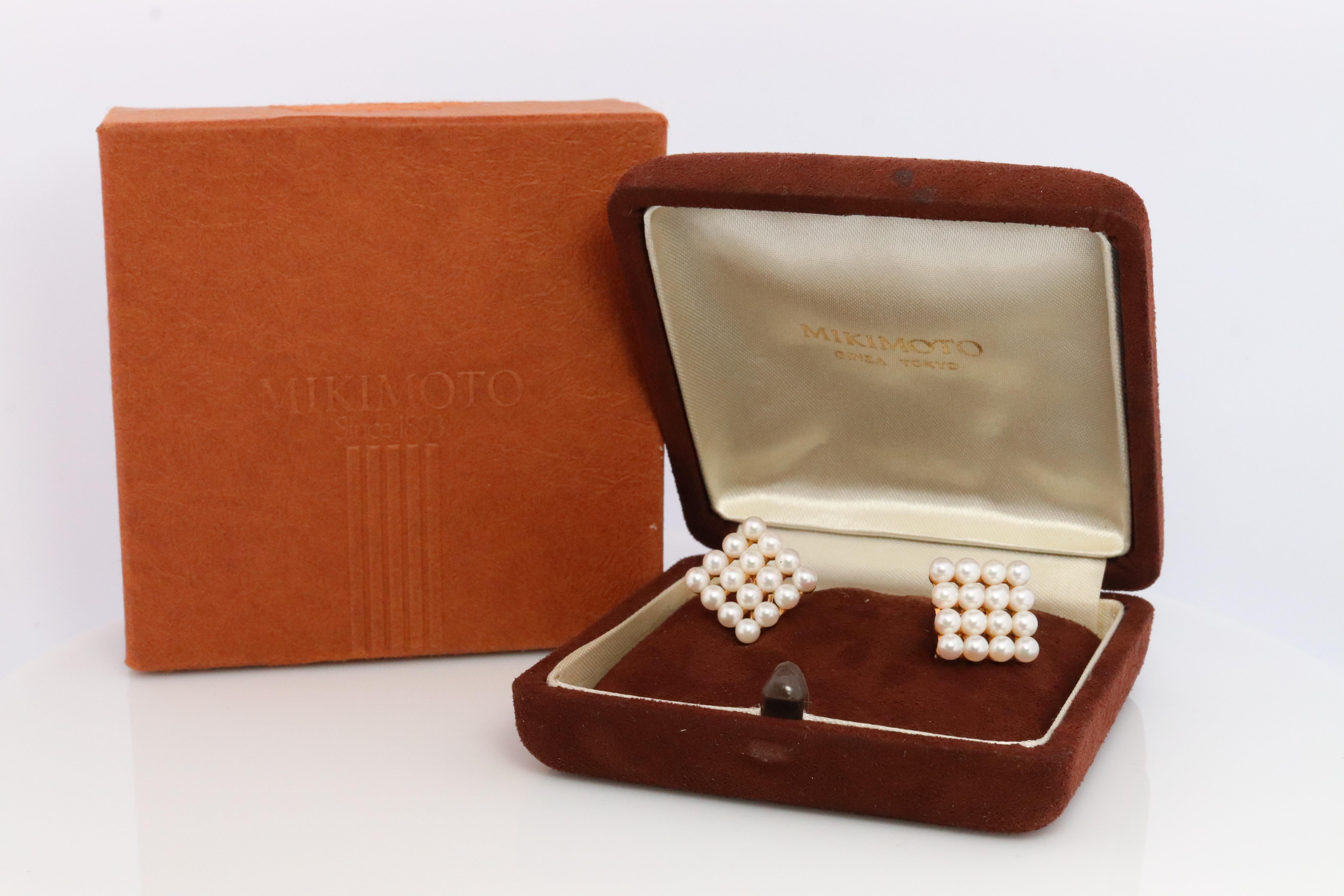 Stunning Designer earrings. World Renowned MIKIMOTO pearls. A cluster of Akoya pearls designed for unpierced ears.

Pearls have amazing luster. Mid-century design. 

Screw Backs.
Condition: Shows limited signs of wear. Original Mikimoto packaging.