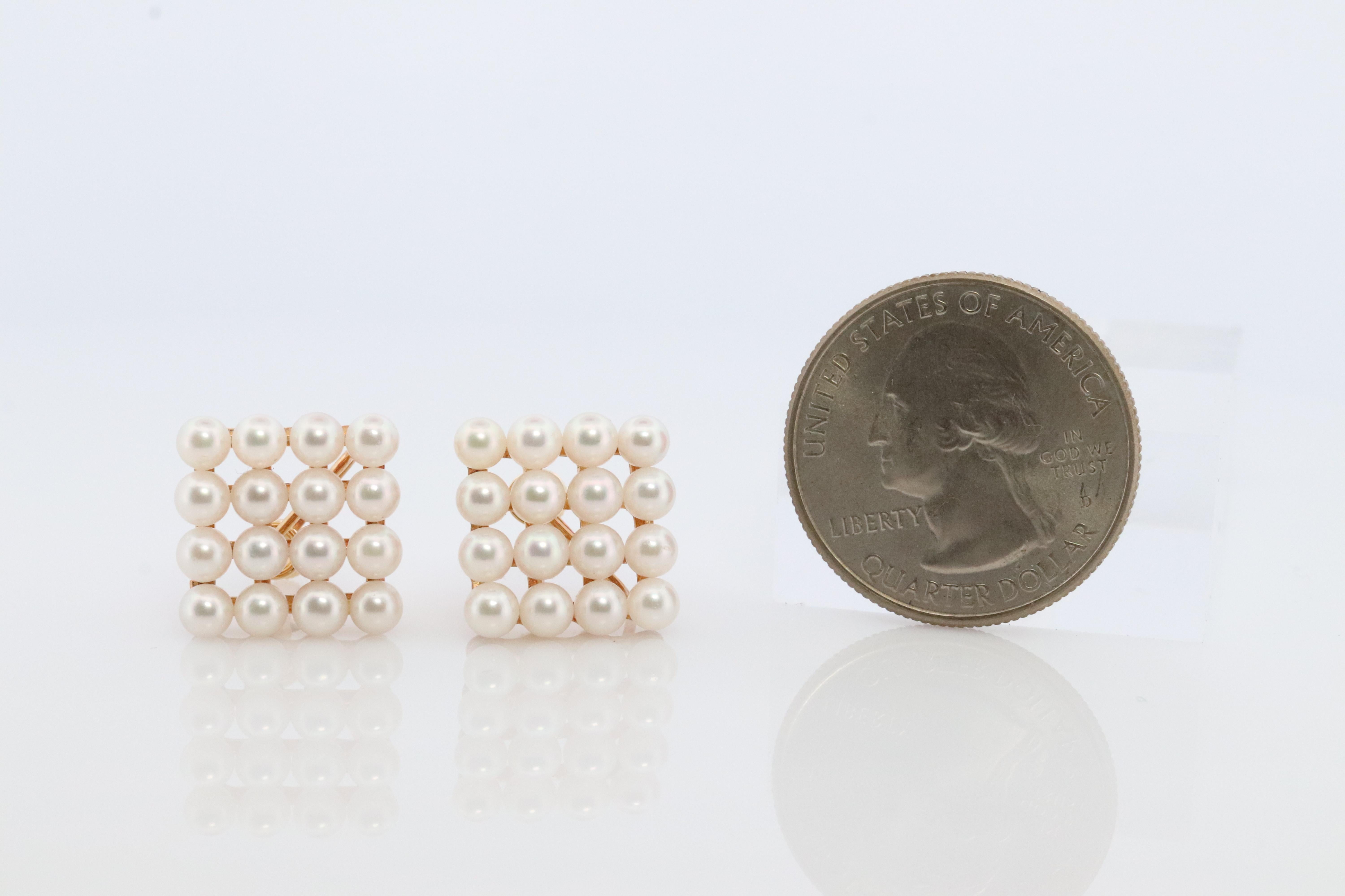 Round Cut Mikimoto Earrings. Vintage 14k Gold Mikimoto Pearl cluster Clip Ons. Unpierced For Sale