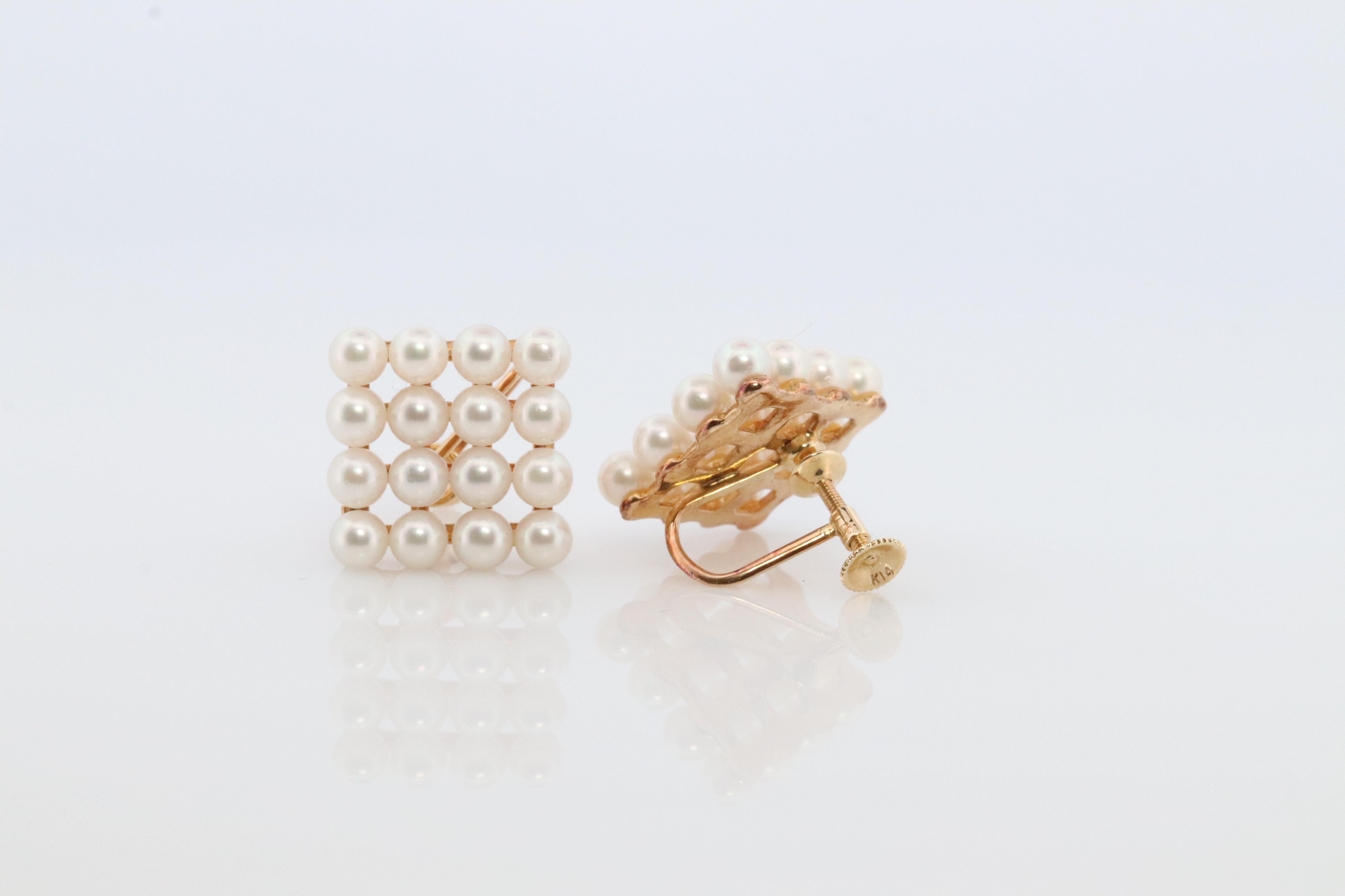 Mikimoto Earrings. Vintage 14k Gold Mikimoto Pearl cluster Clip Ons. Unpierced In Good Condition For Sale In Port Charlotte, FL