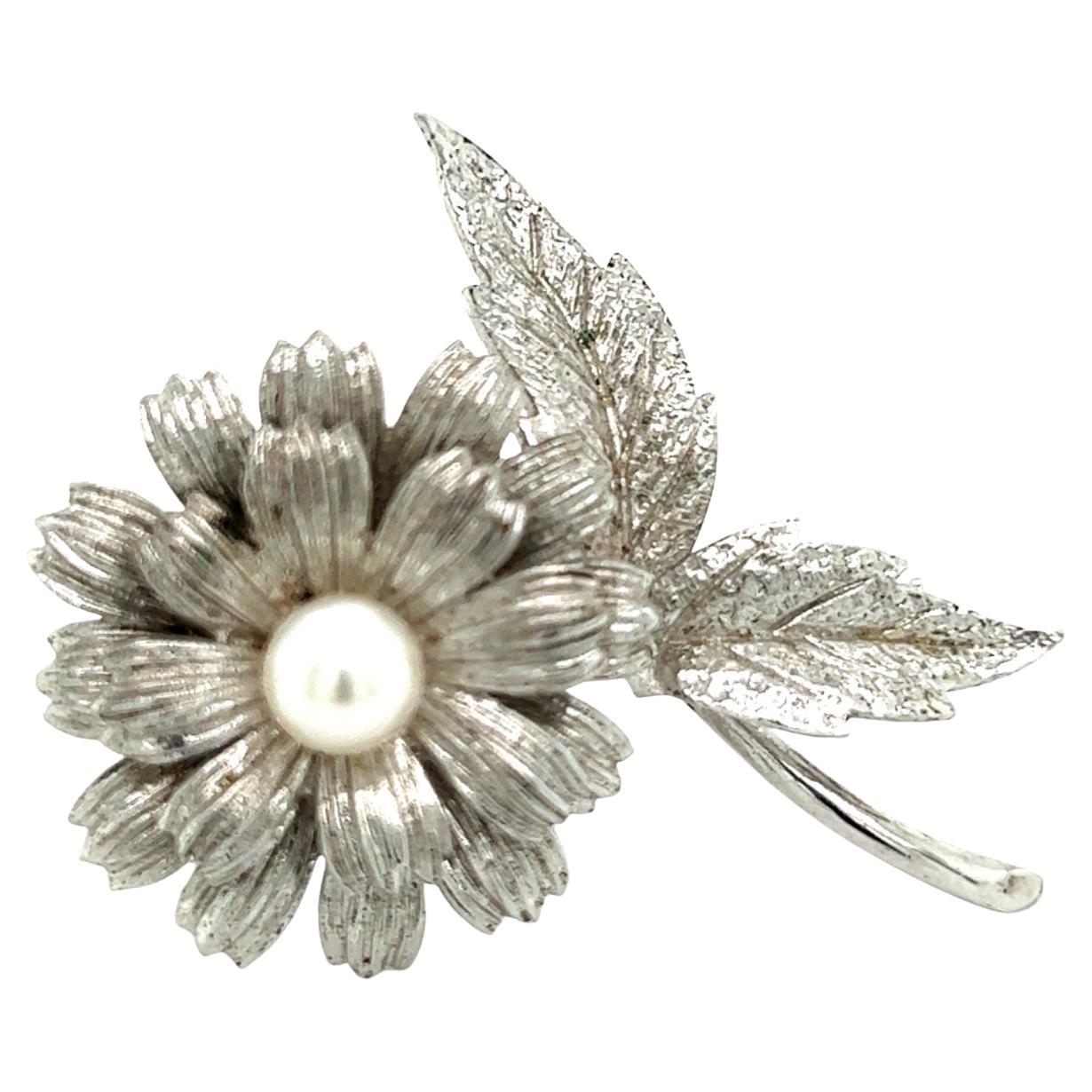 Mikimoto Estate Akoya Flower Pearl Brooch Pin Sterling Silver 6.16 mm