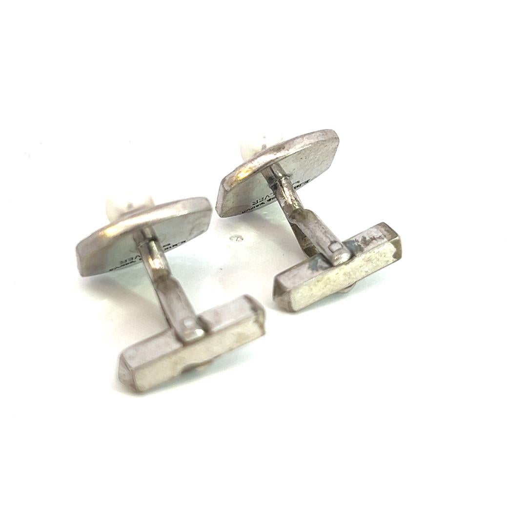 Round Cut Mikimoto Estate Akoya + Mother of Pearl Cufflinks 5.2 mm Sterling Silver For Sale