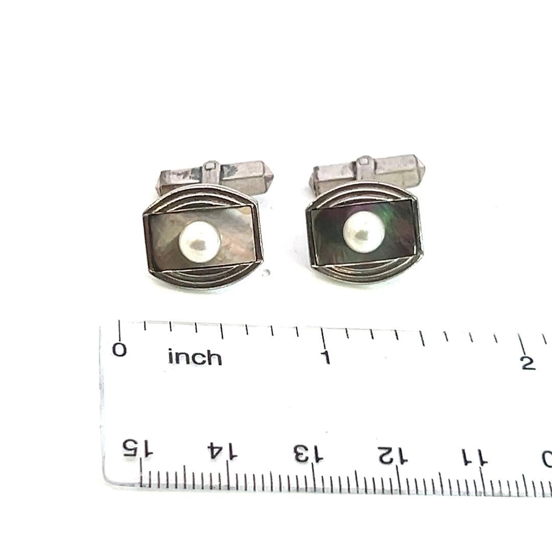 Mikimoto Estate Akoya + Mother of Pearl Cufflinks 5.2 mm Sterling Silver For Sale 1