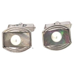 Vintage Mikimoto Estate Akoya + Mother of Pearl Cufflinks 5.2 mm Sterling Silver