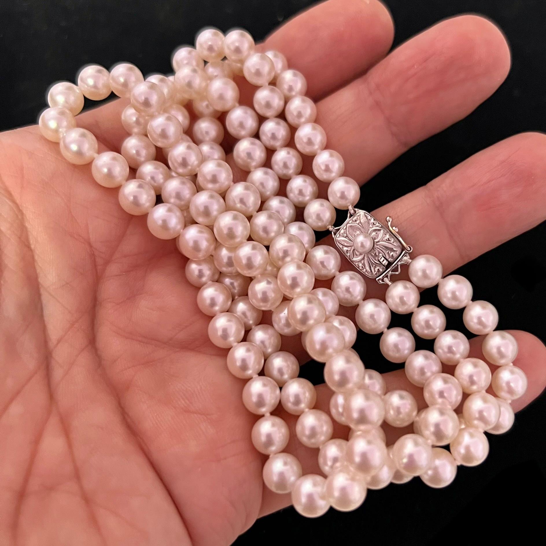 Ball Cut Mikimoto Estate Akoya Pearl 2 Strand Necklace 18k with Gold Certified