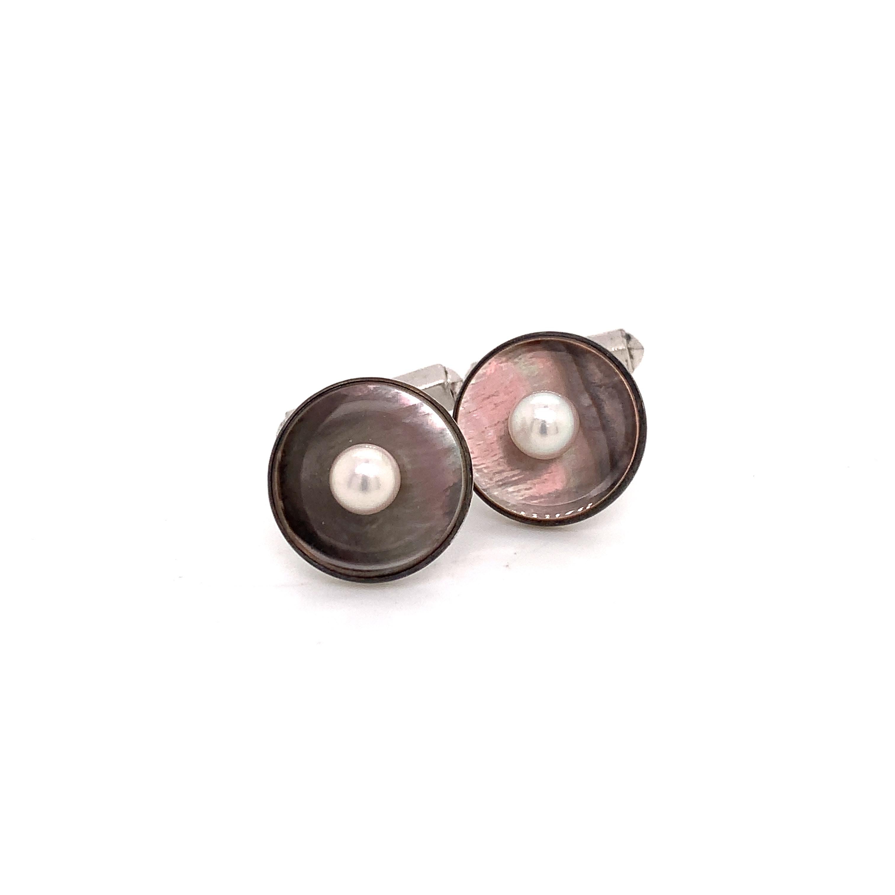 Men's Mikimoto Estate Akoya Pearl Abalone Cufflinks Sterling Silver For Sale