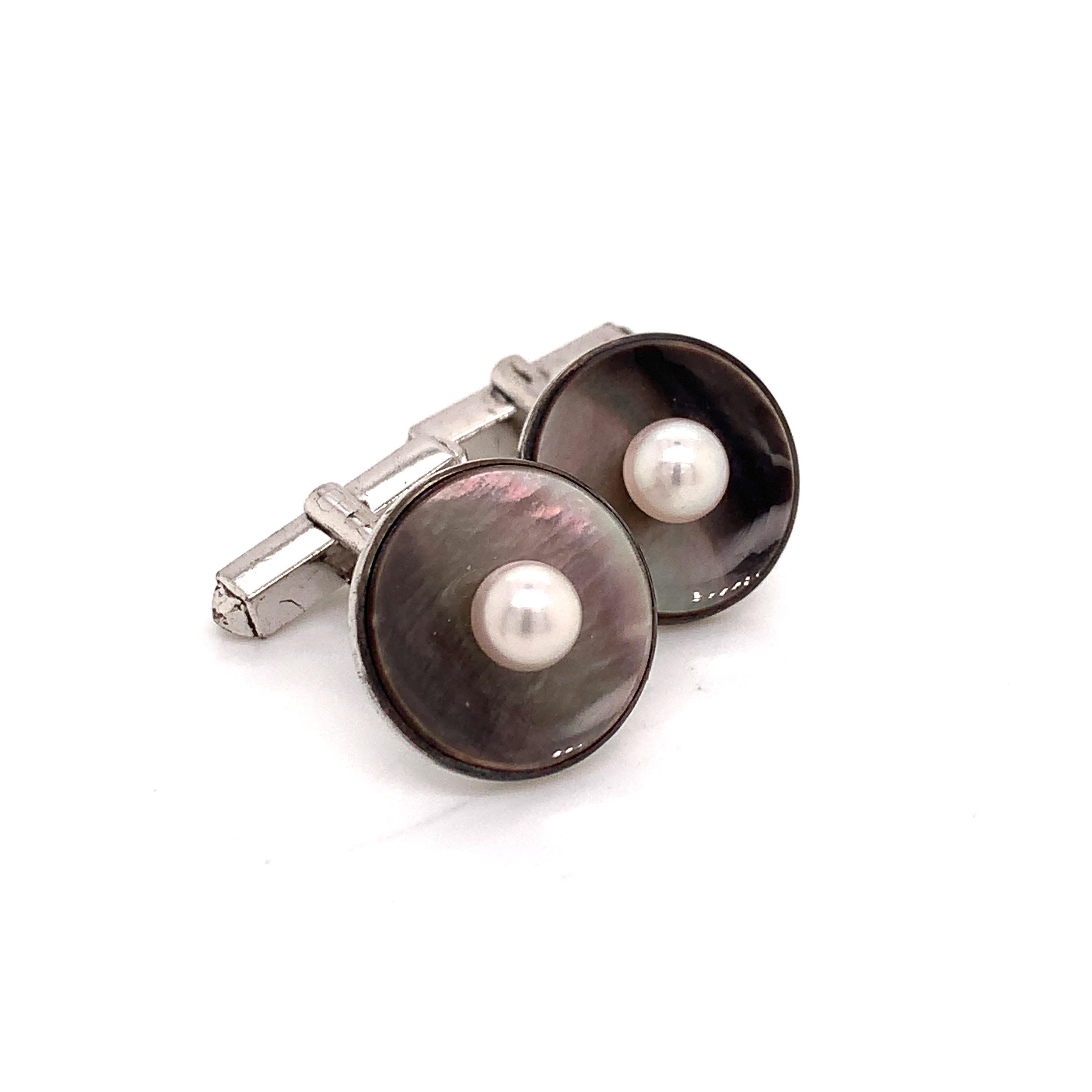 Mikimoto Estate Akoya Pearl Abalone Cufflinks Sterling Silver For Sale 1