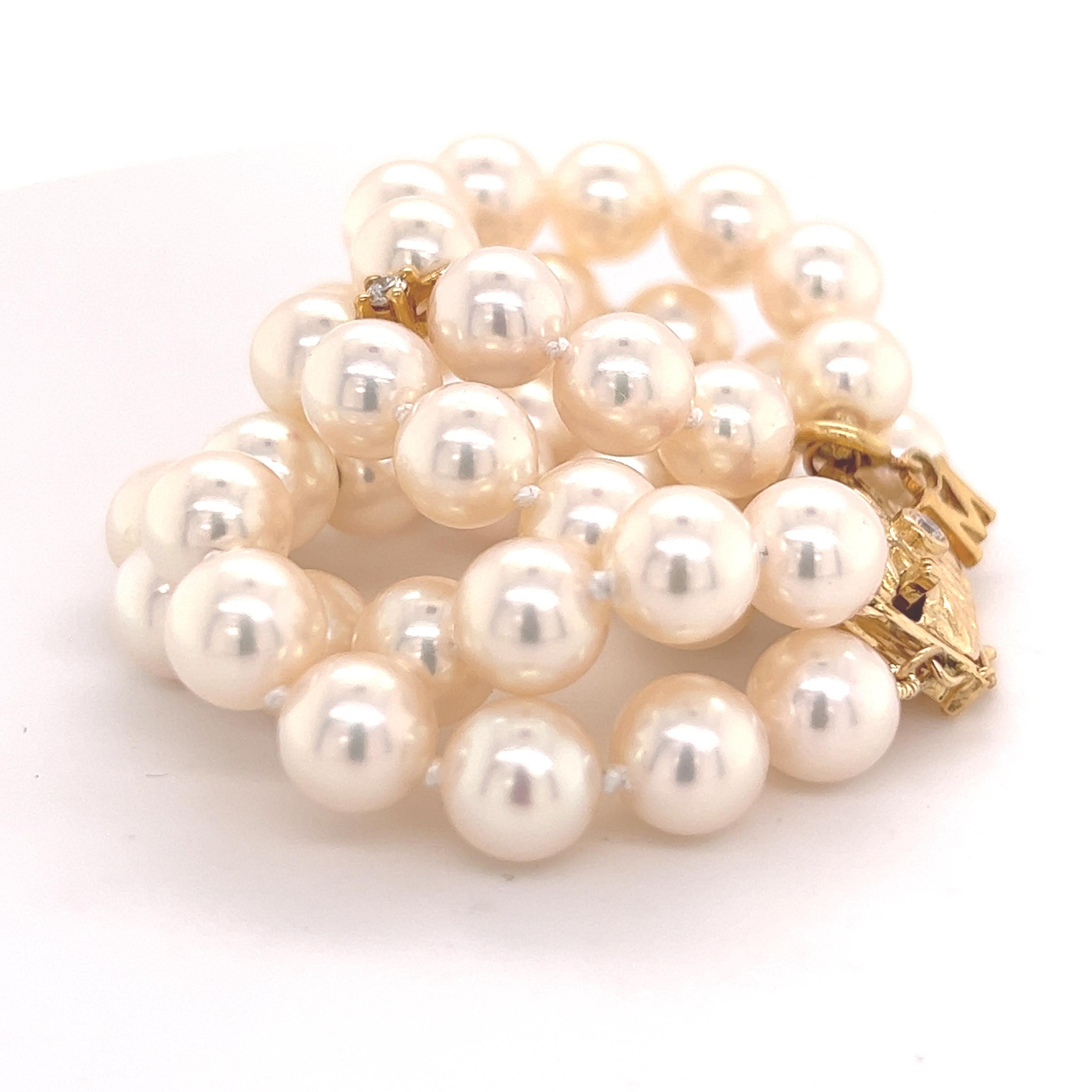Fine Quality Mikimoto Estate Akoya Pearl Double Strand Bracelet 18k Gold 7.25