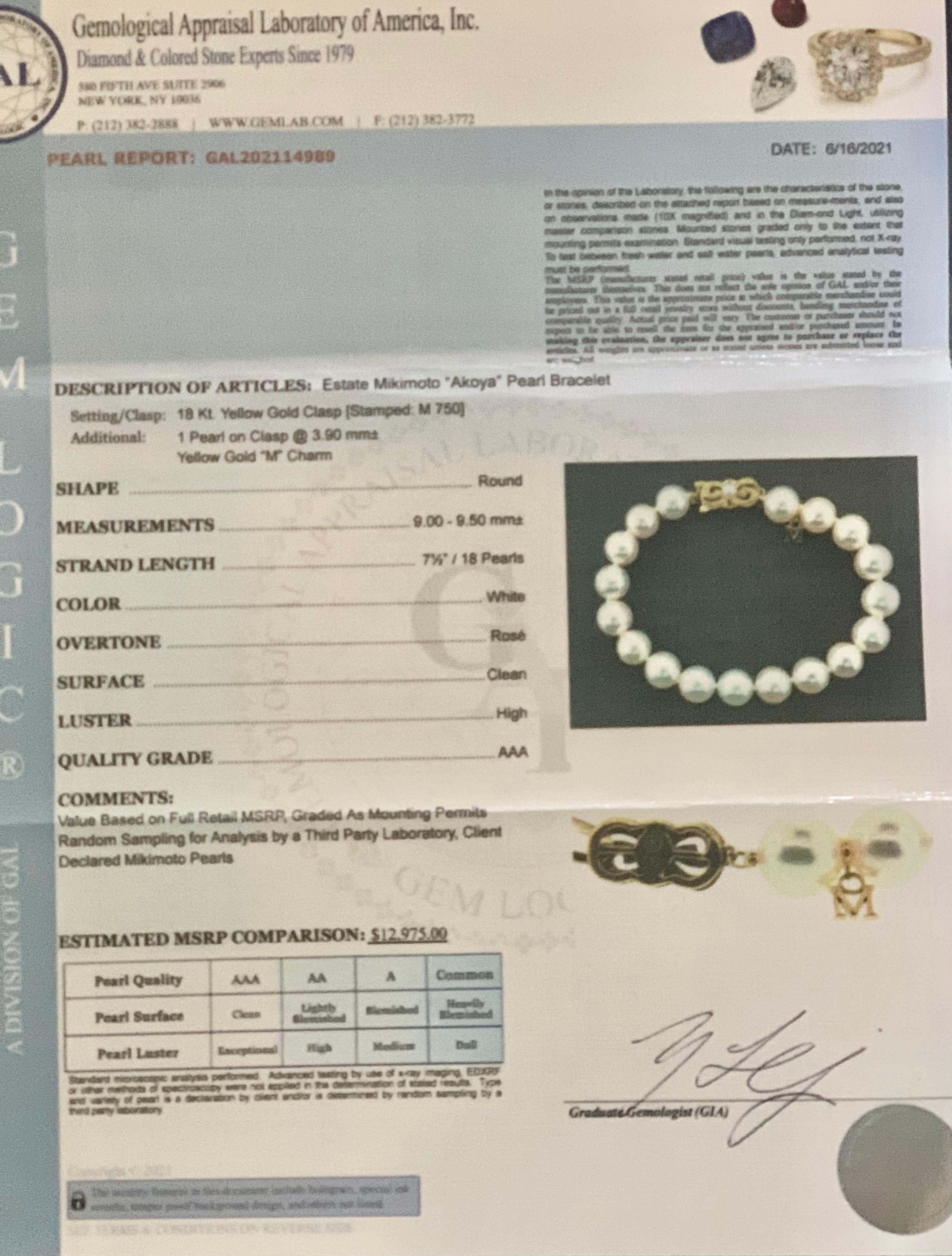 Mikimoto Estate Akoya Pearl Bracelet 18k Gold Certified 4
