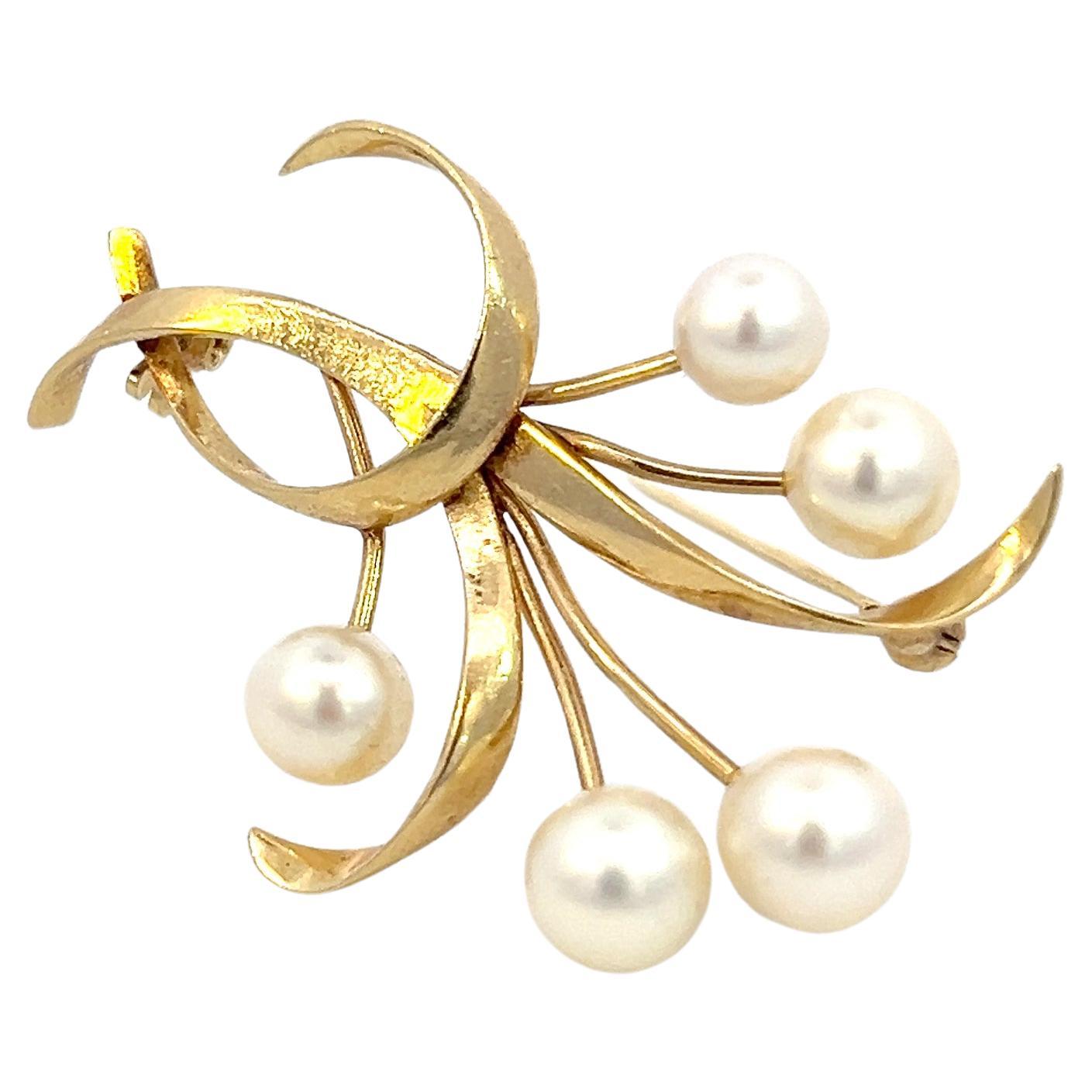 Mikimoto Estate Akoya Pearl Brooch 1.5 x 1" 14k Y Gold 6.60-5.50 mm  For Sale