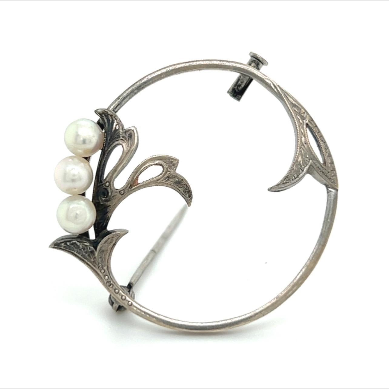 Mikimoto Estate Akoya Pearl Brooch Pin Sterling Silver For Sale 3