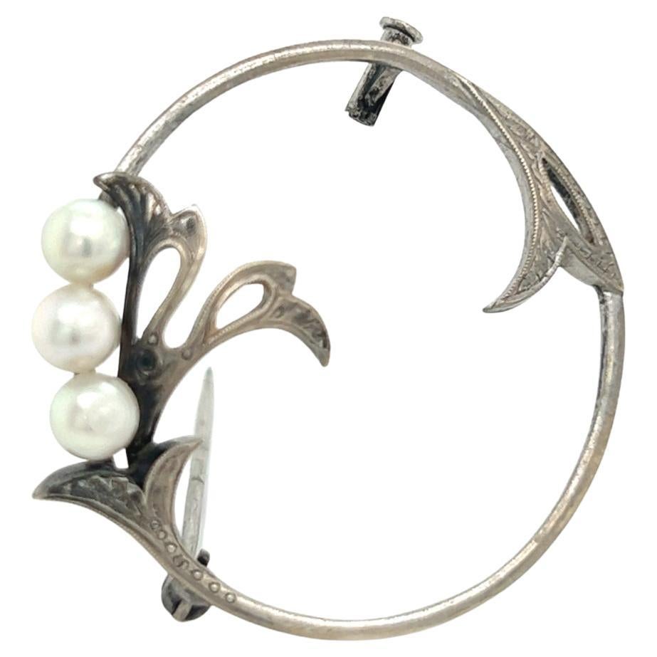 Mikimoto Estate Akoya Pearl Brooch Pin Sterling Silver For Sale