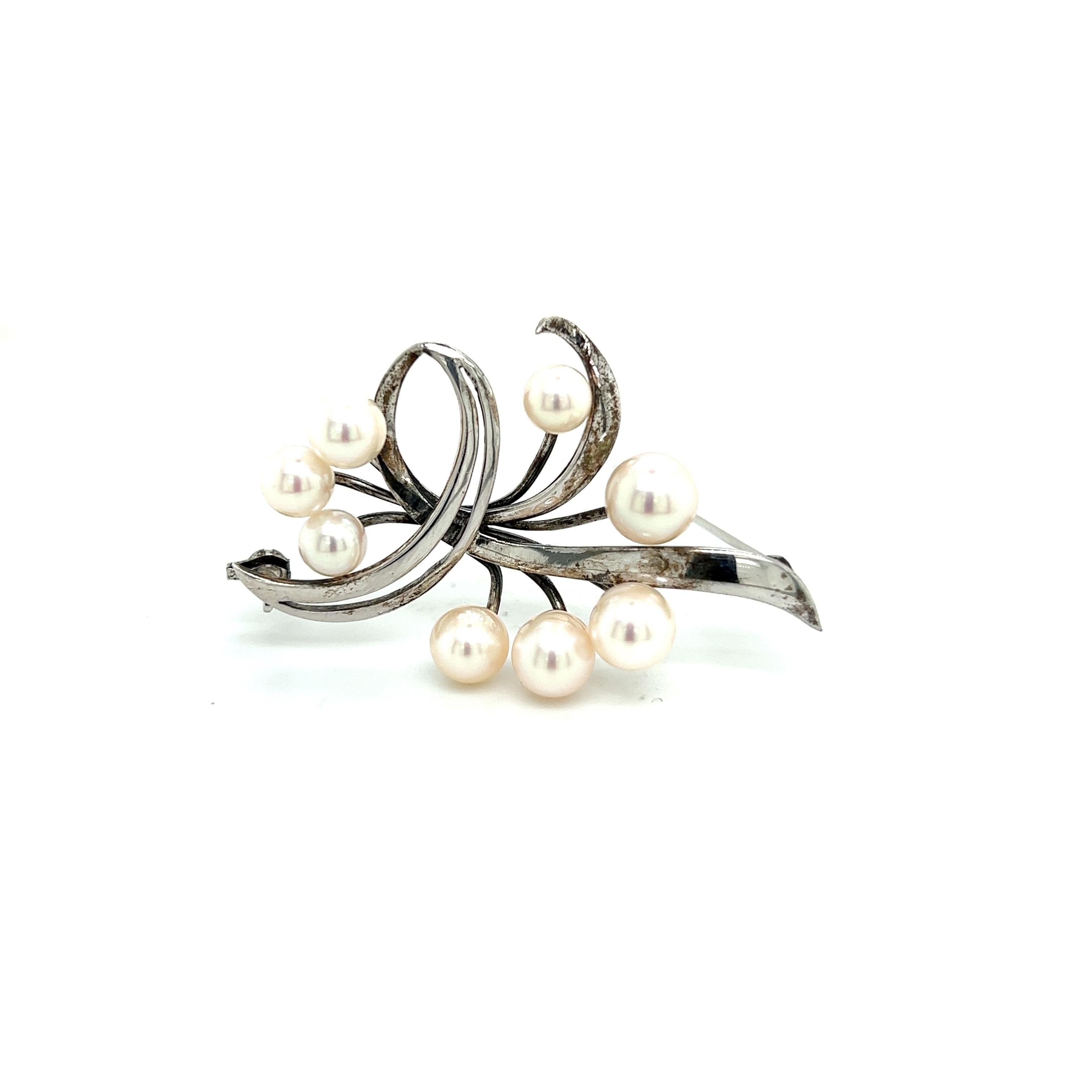Women's Mikimoto Estate Akoya Pearl Brooch Pin Sterling Silver 5-7 mm  For Sale