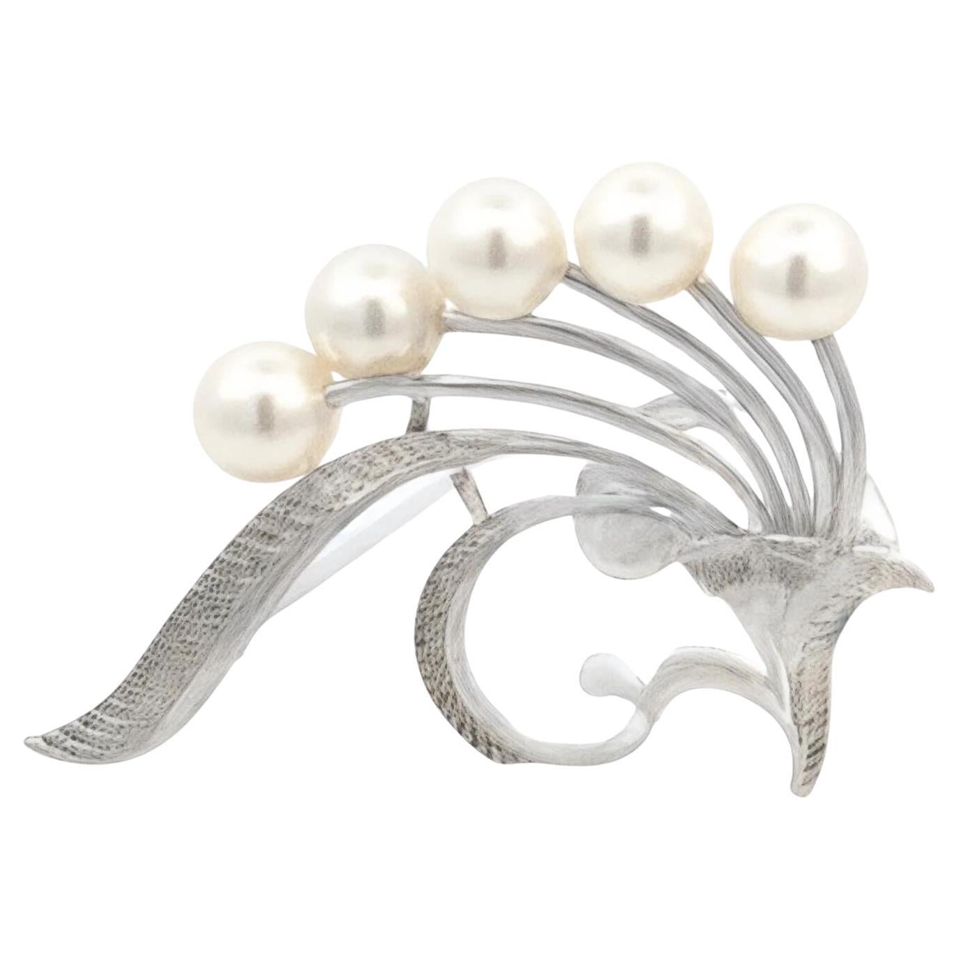 Mikimoto Estate Akoya Pearl Brooch Pin Sterling Silver 5.54-5.16 mm For Sale