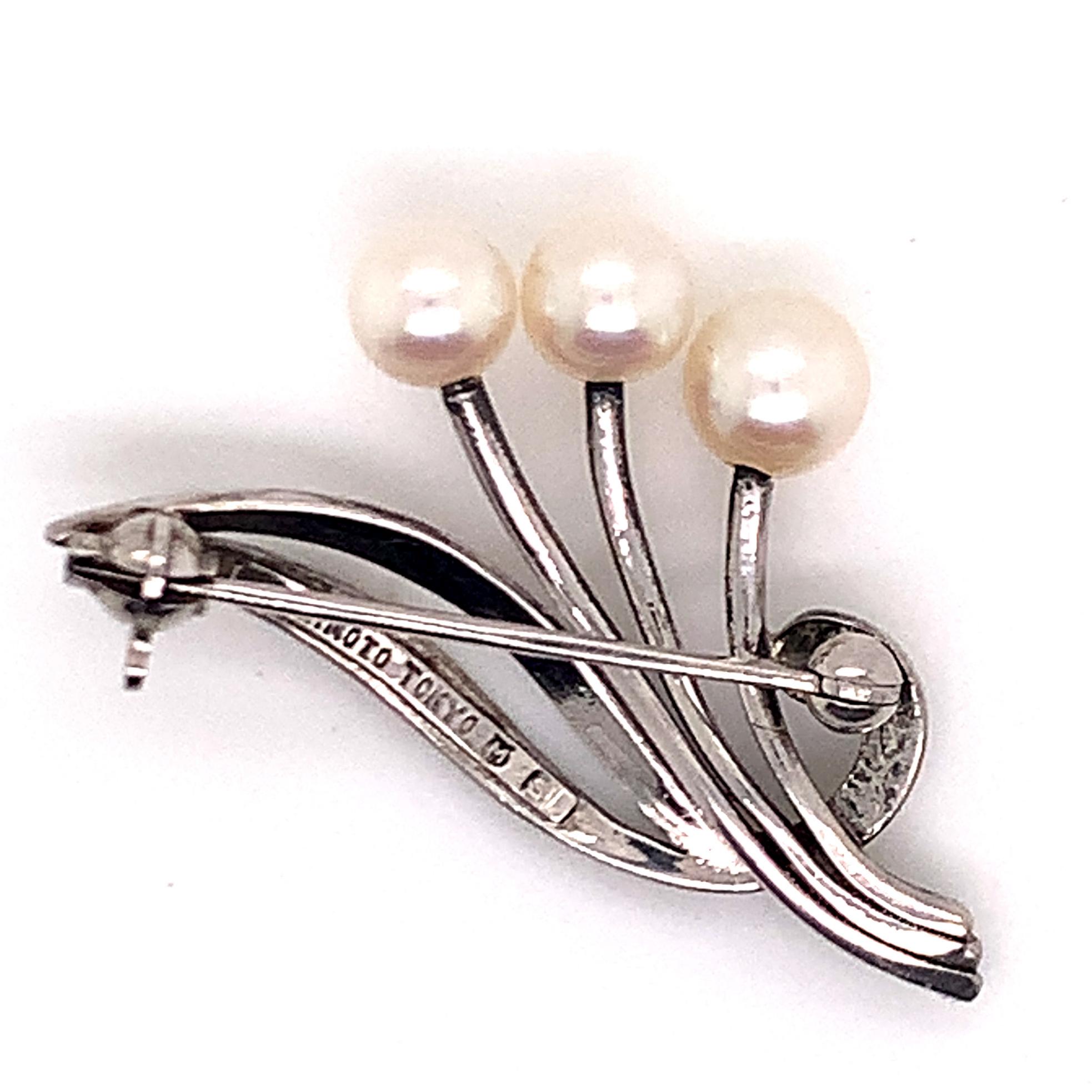 Mikimoto Estate Akoya Pearl Brooch Pin Sterling Silver For Sale 1