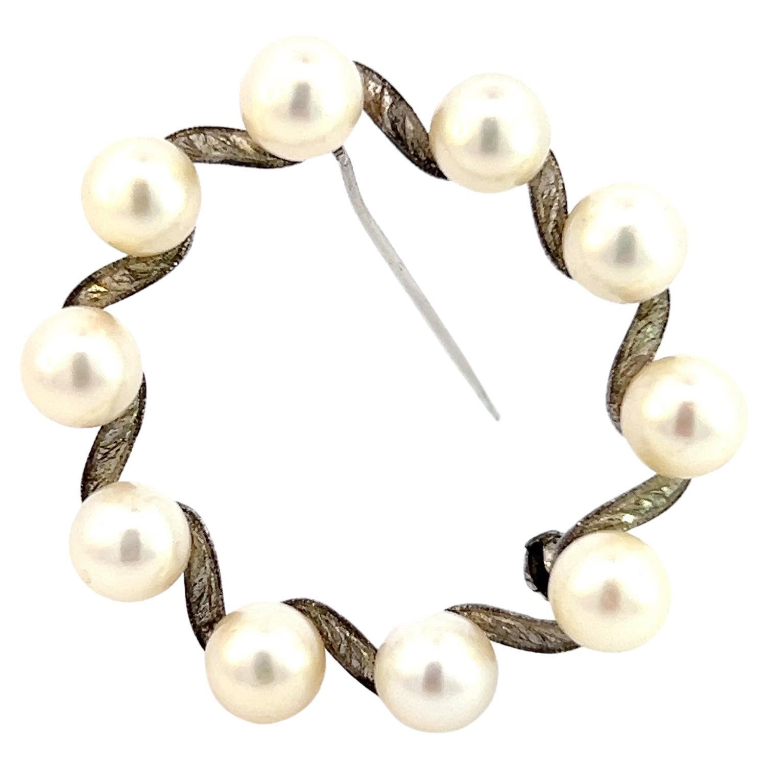 Mikimoto Estate Akoya Pearl Brooch Pin Sterling Silver 6 mm For Sale