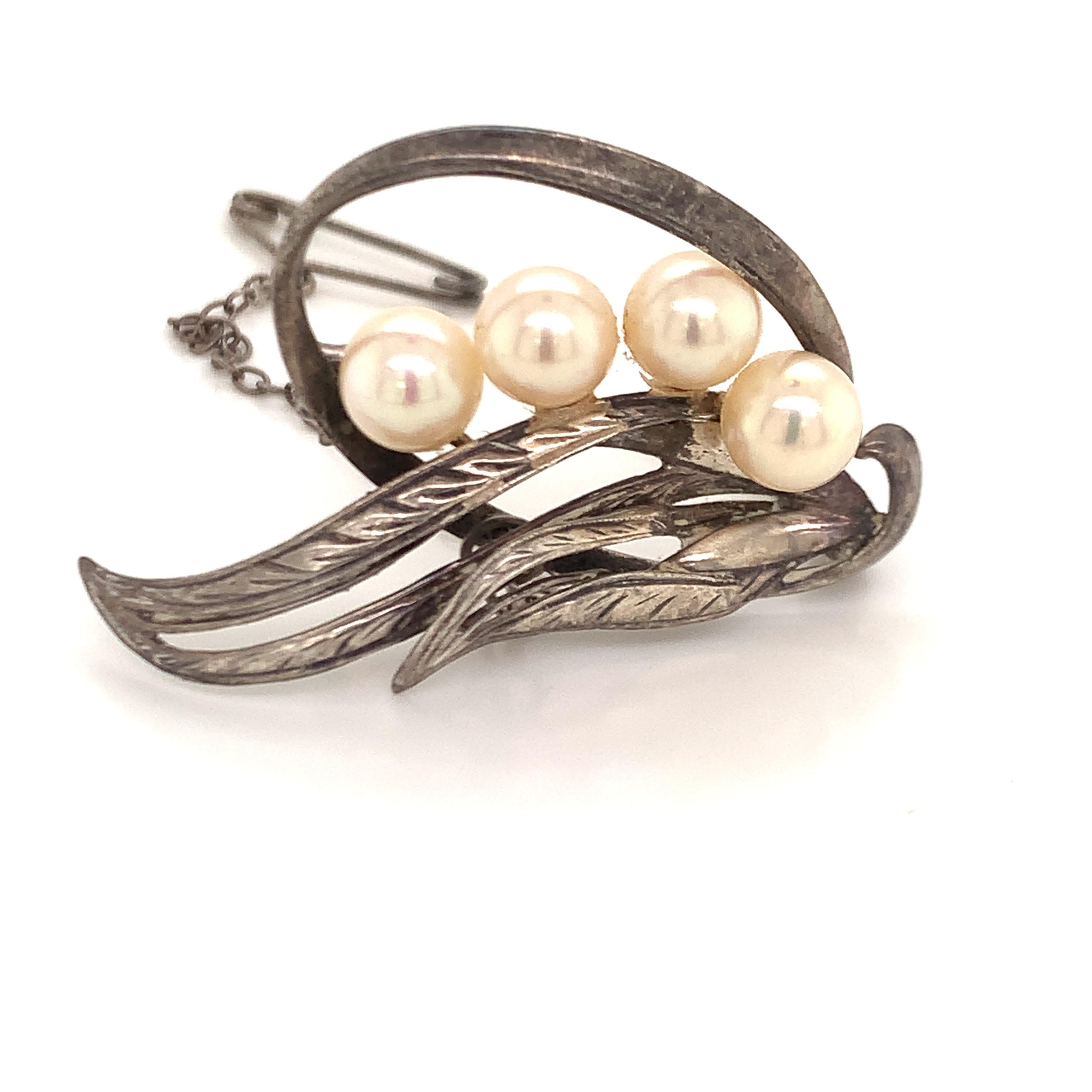 Mikimoto Estate Akoya Pearl Brooch Pin Sterling Silver 5.56 Grams For Sale 4