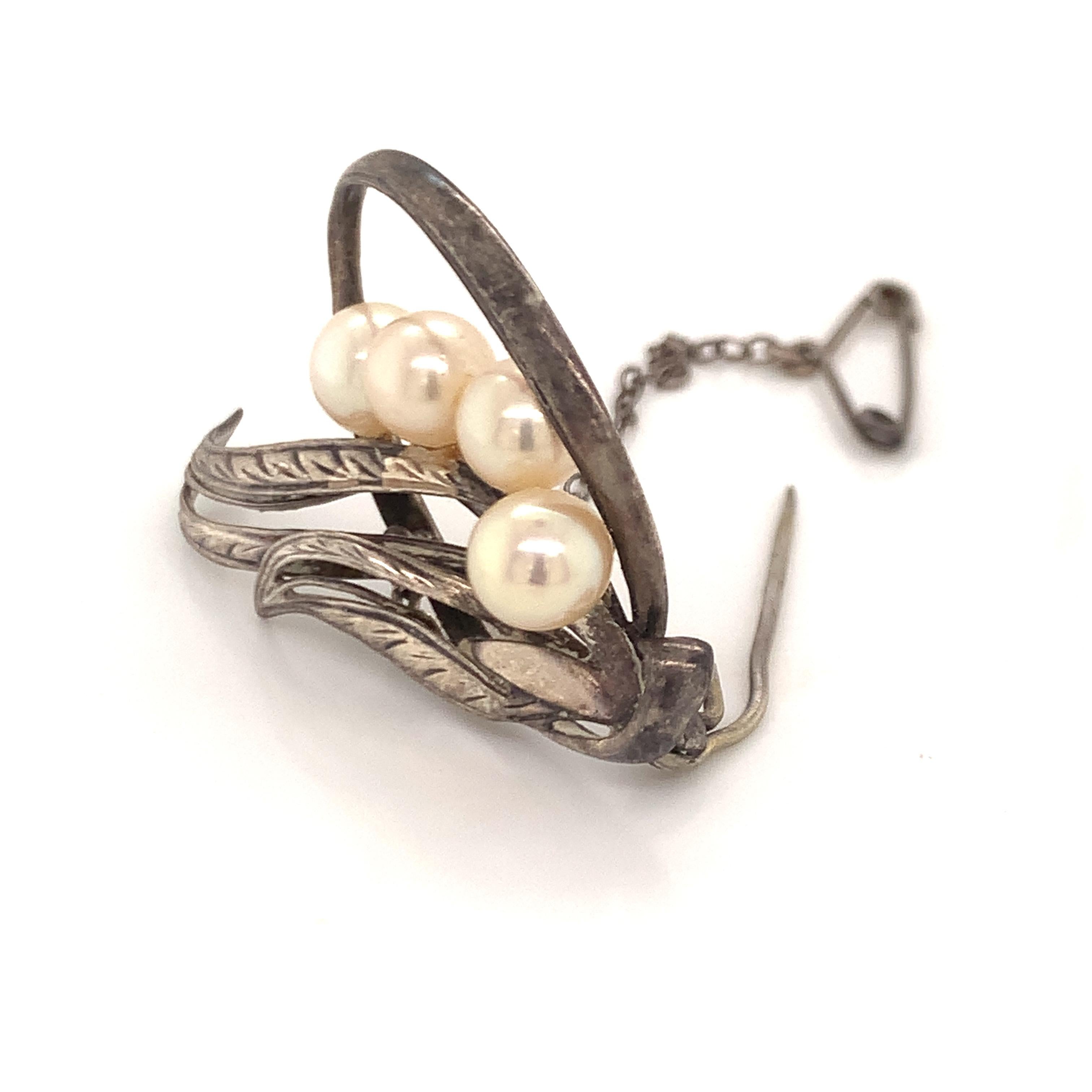 Mikimoto Estate Akoya Pearl Brooch Pin Sterling Silver 5.56 Grams For Sale 2
