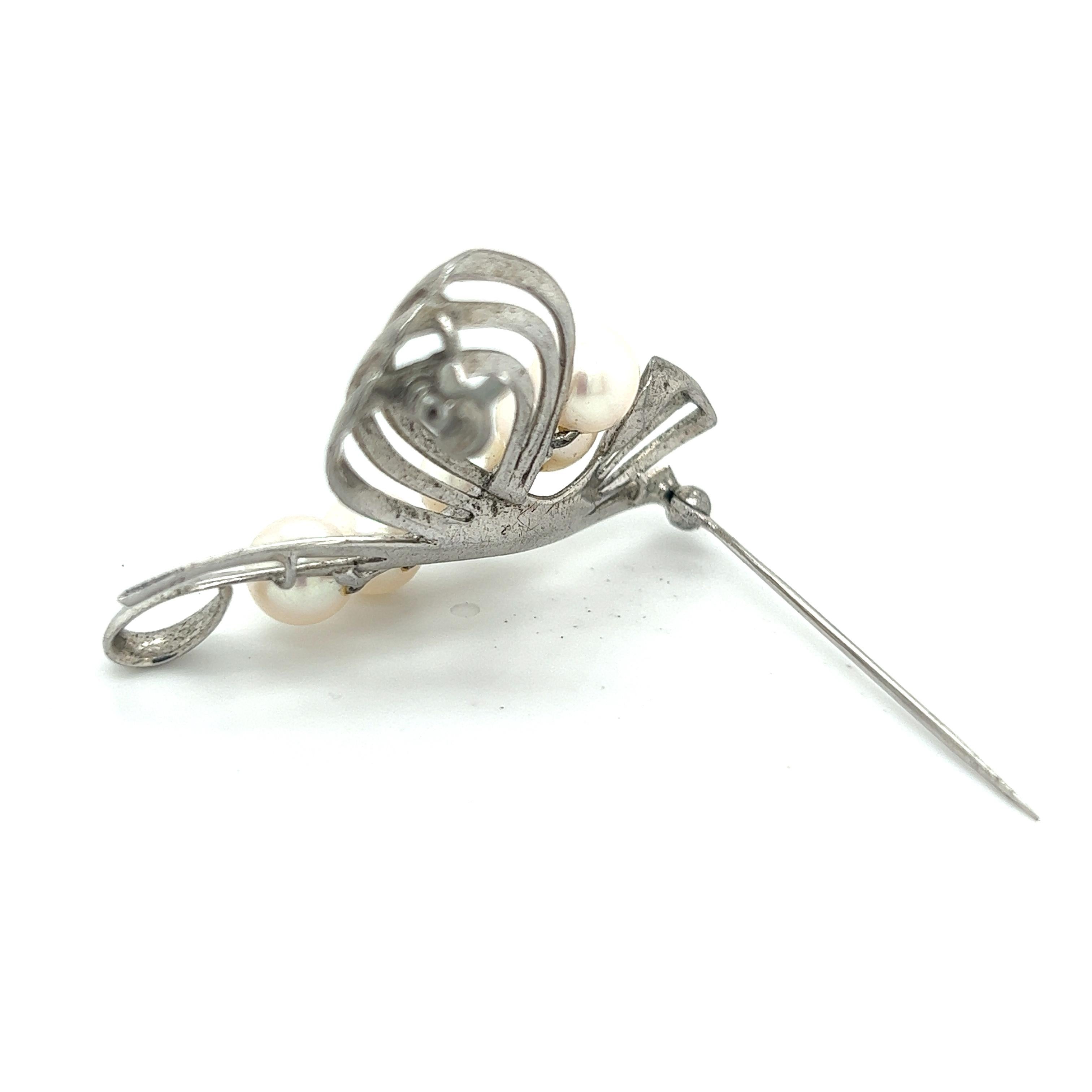 Mikimoto Estate Akoya Pearl Brooch Pin Sterling Silver For Sale 3