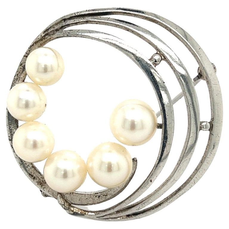 Mikimoto Estate Akoya Pearl Brooch Pin Sterling Silver For Sale at 1stDibs