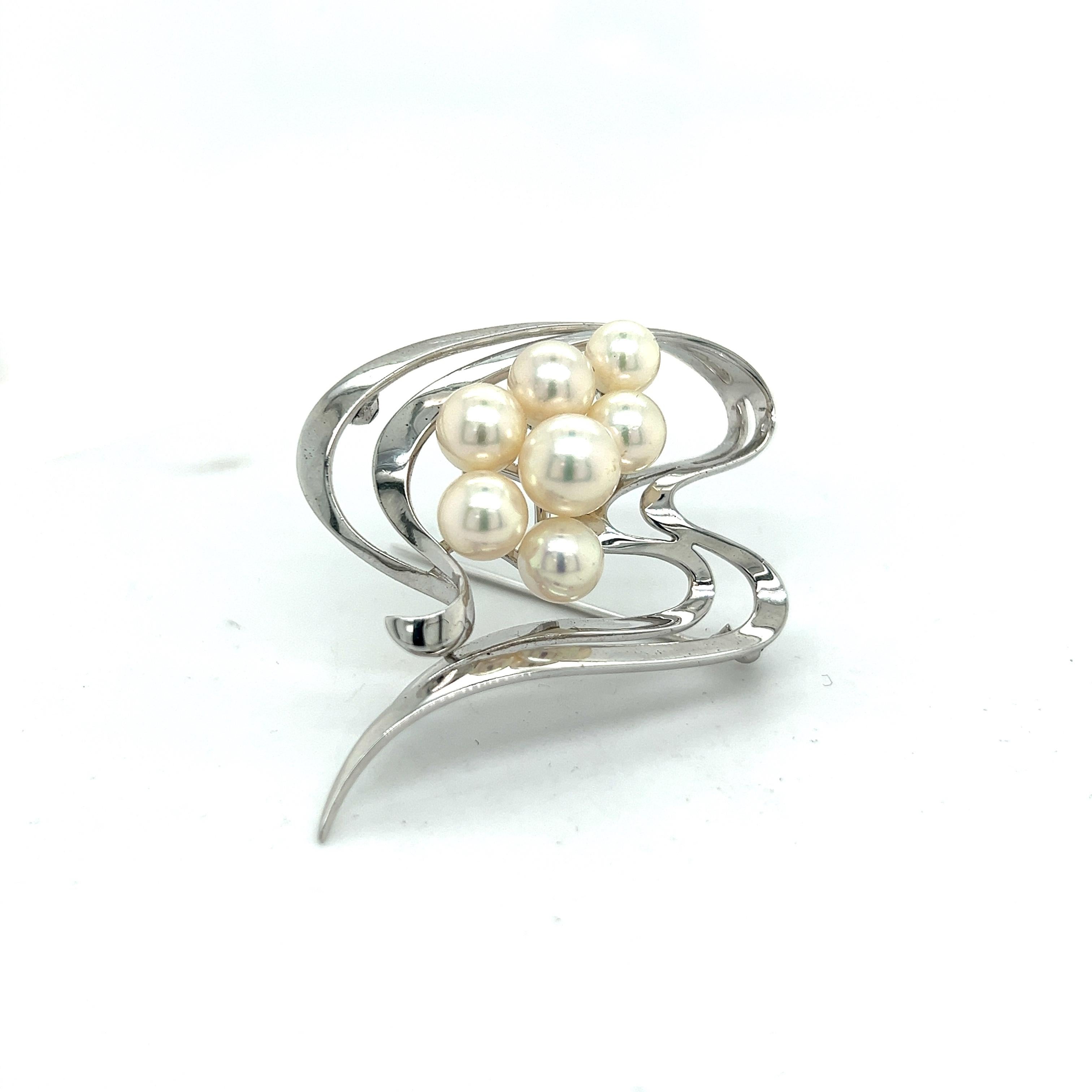 Mikimoto Estate Akoya Pearl Brooch Pin Sterling Silver For Sale 1