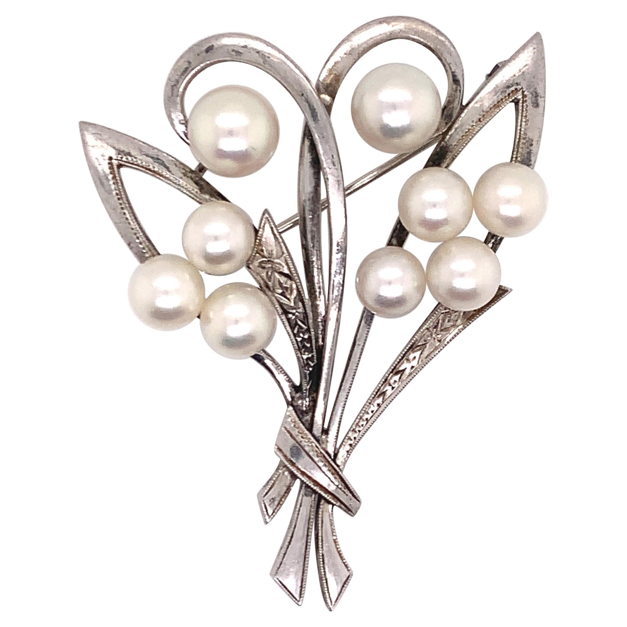 Mikimoto Estate Akoya Pearl Brooch Pin Sterling Silver