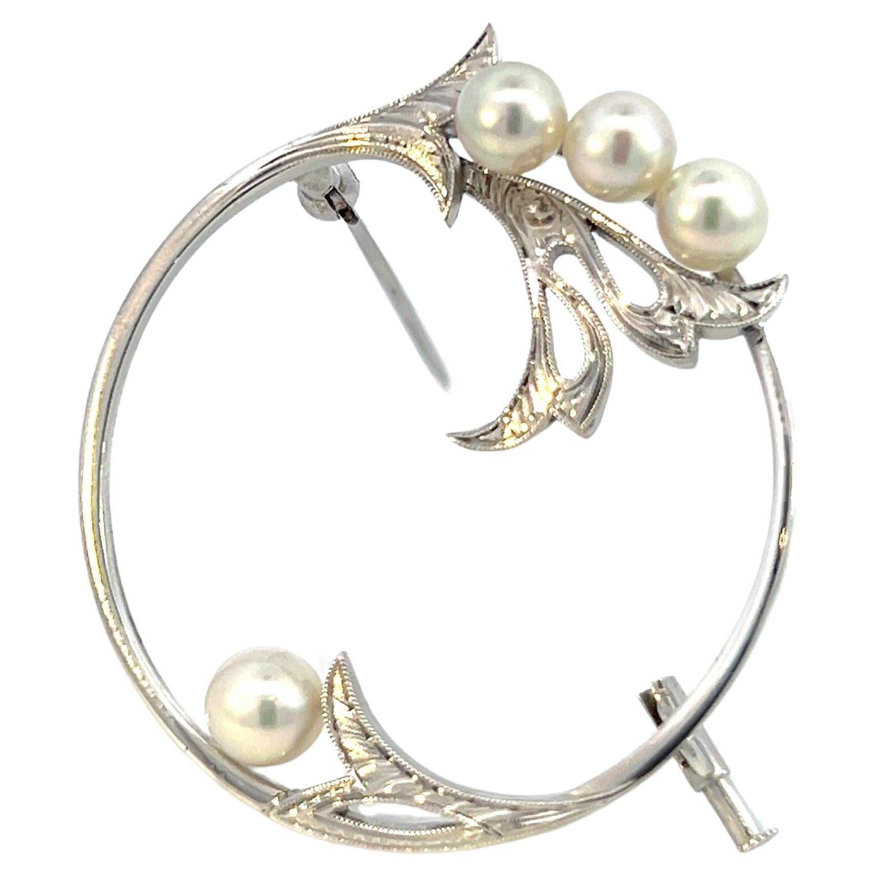 Mikimoto Estate Akoya Pearl Brooch Sterling Silver 5 mm  For Sale