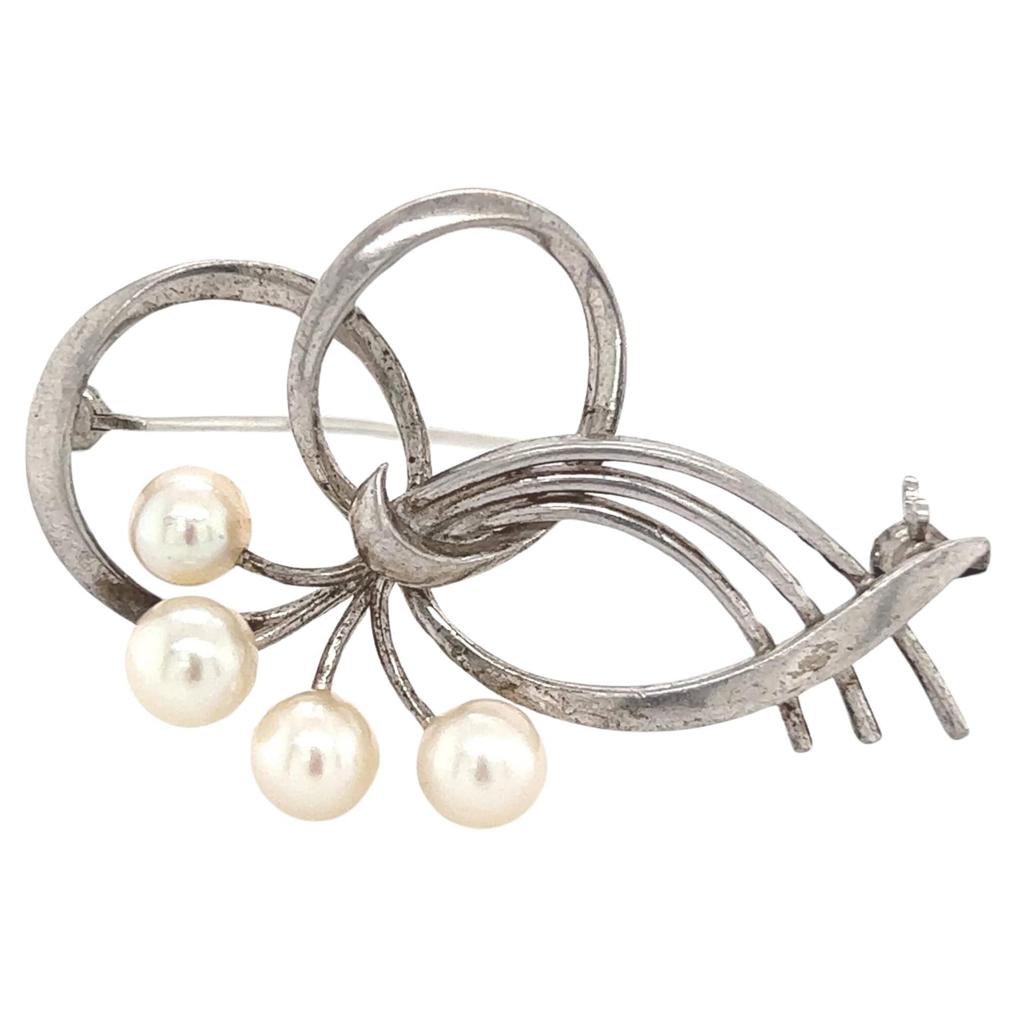 Mikimoto Estate Akoya Pearl Brooch Sterling Silver 5.5 mm For Sale