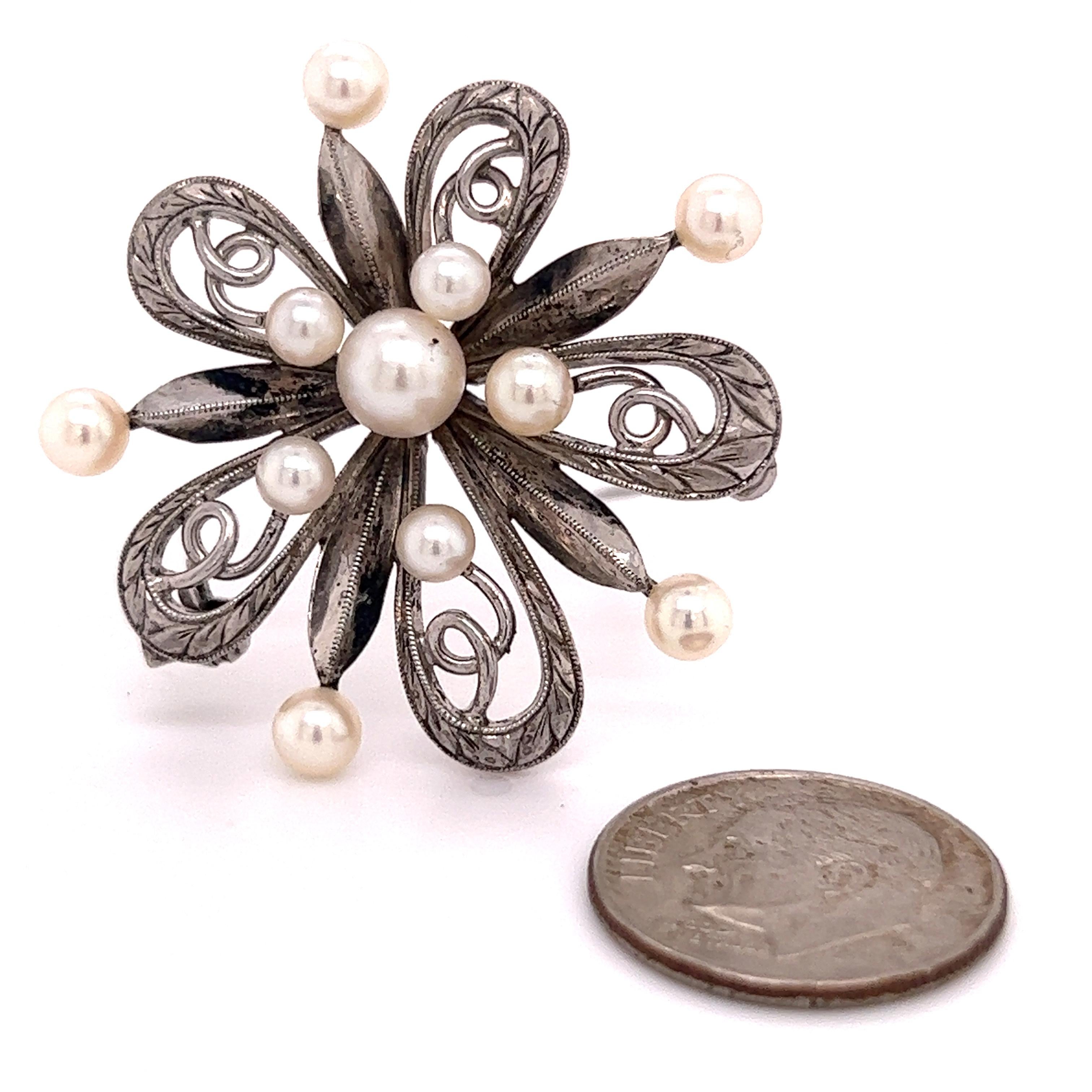 Mikimoto Estate Akoya Pearl Brooch Sterling Silver 1