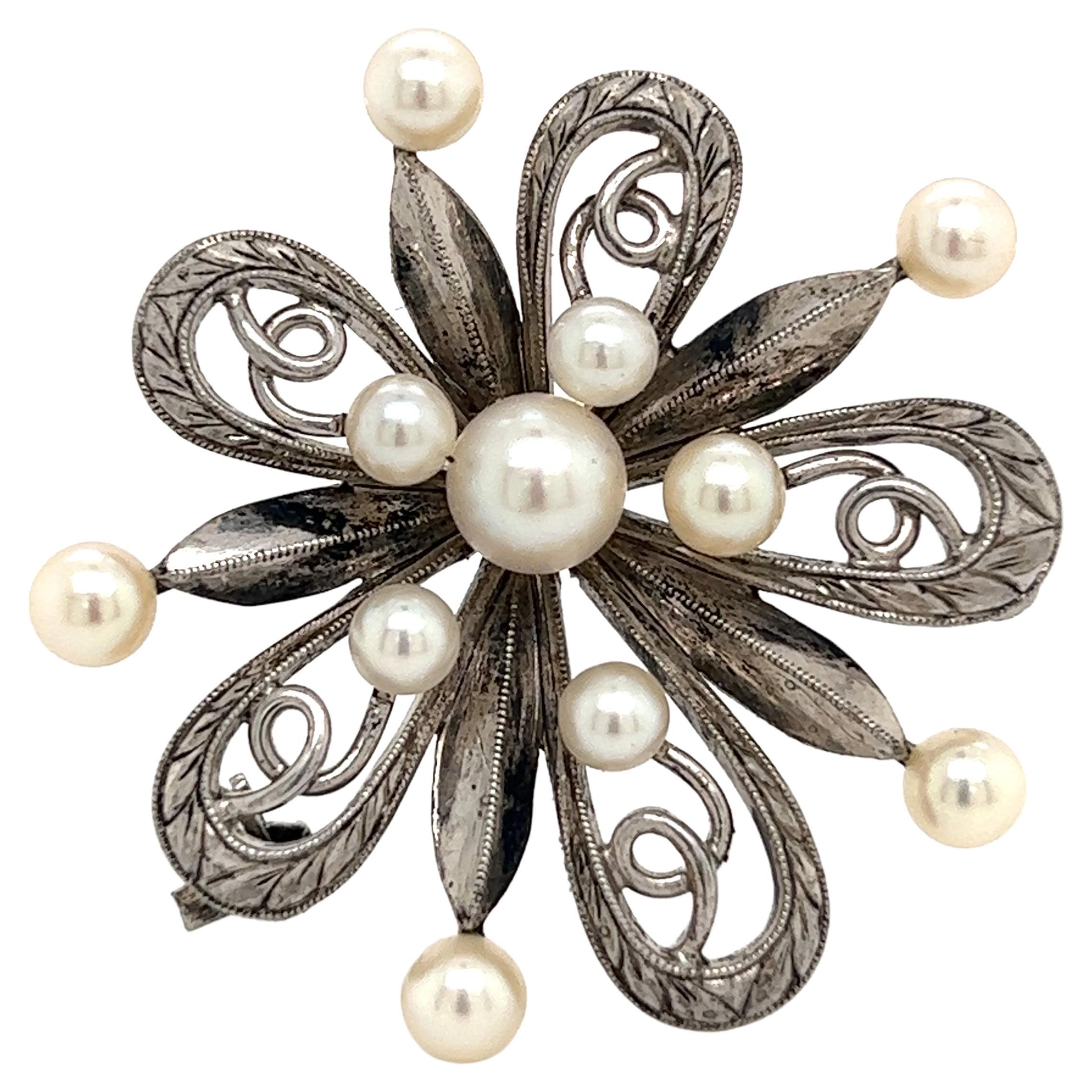 Mikimoto Estate Akoya Pearl Brooch Sterling Silver