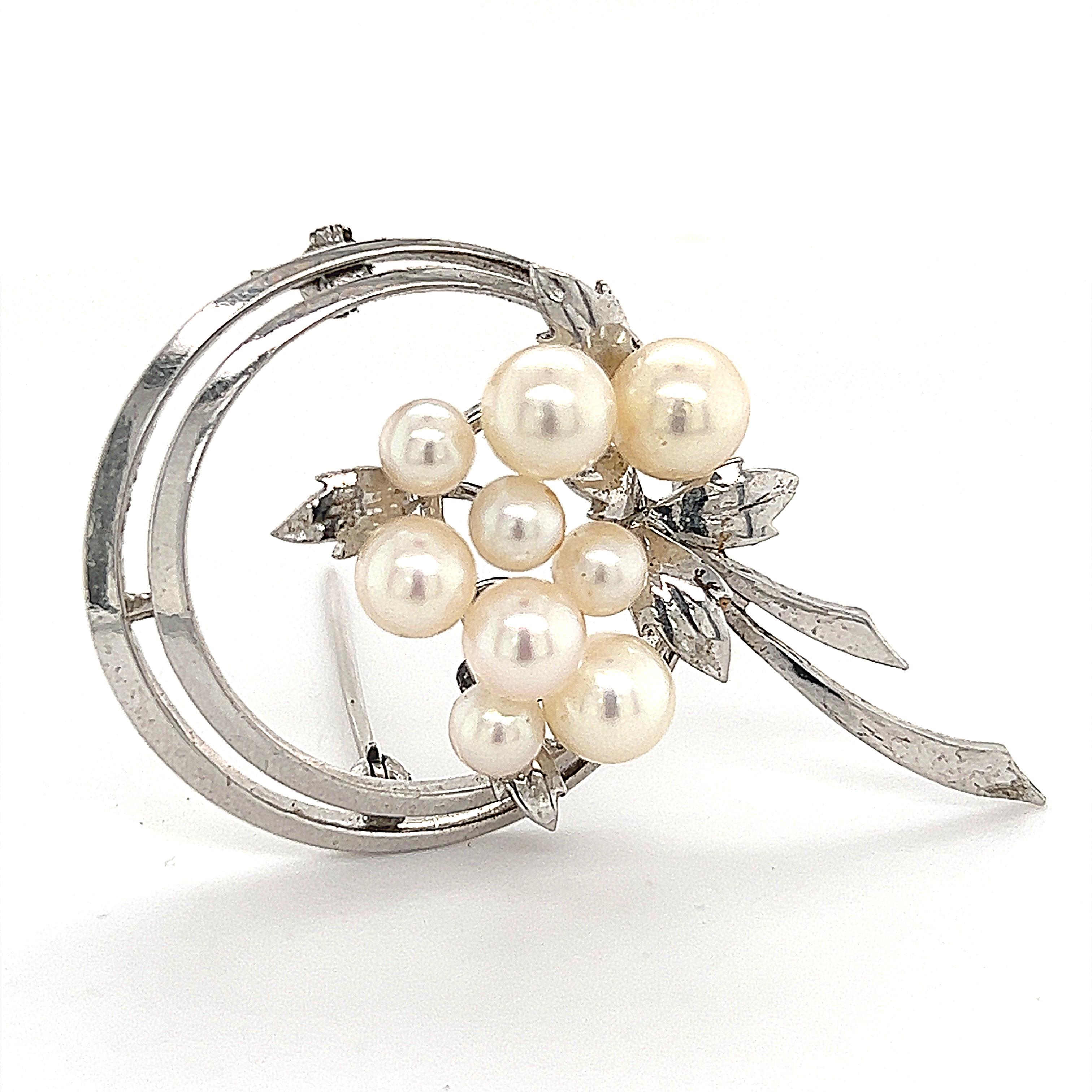 Round Cut Mikimoto Estate Akoya Pearl Brooch Sterling Silver 6.25 mm 6.8g For Sale