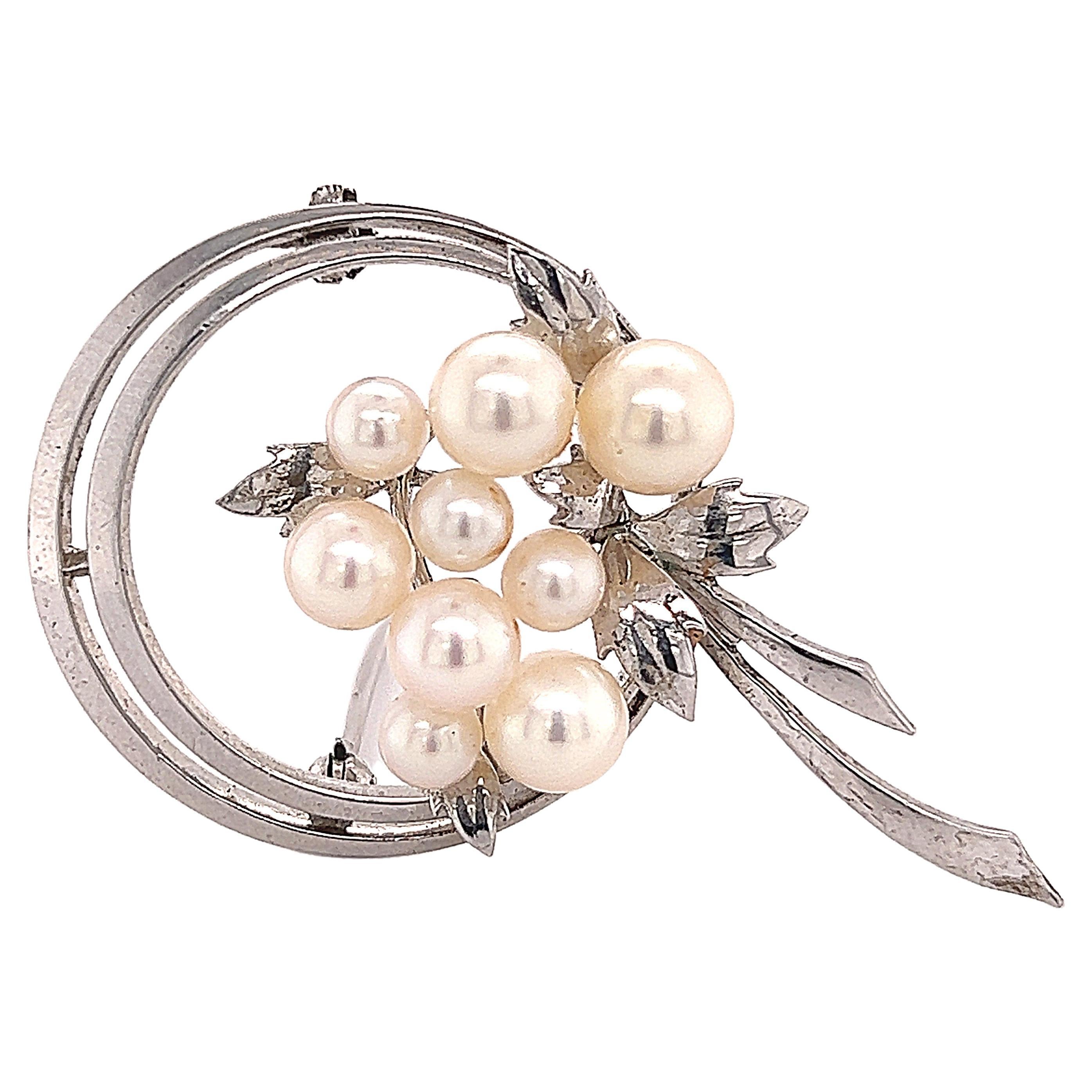 Mikimoto Estate Akoya Pearl Brooch Sterling Silver 6.25 mm 6.8g For Sale