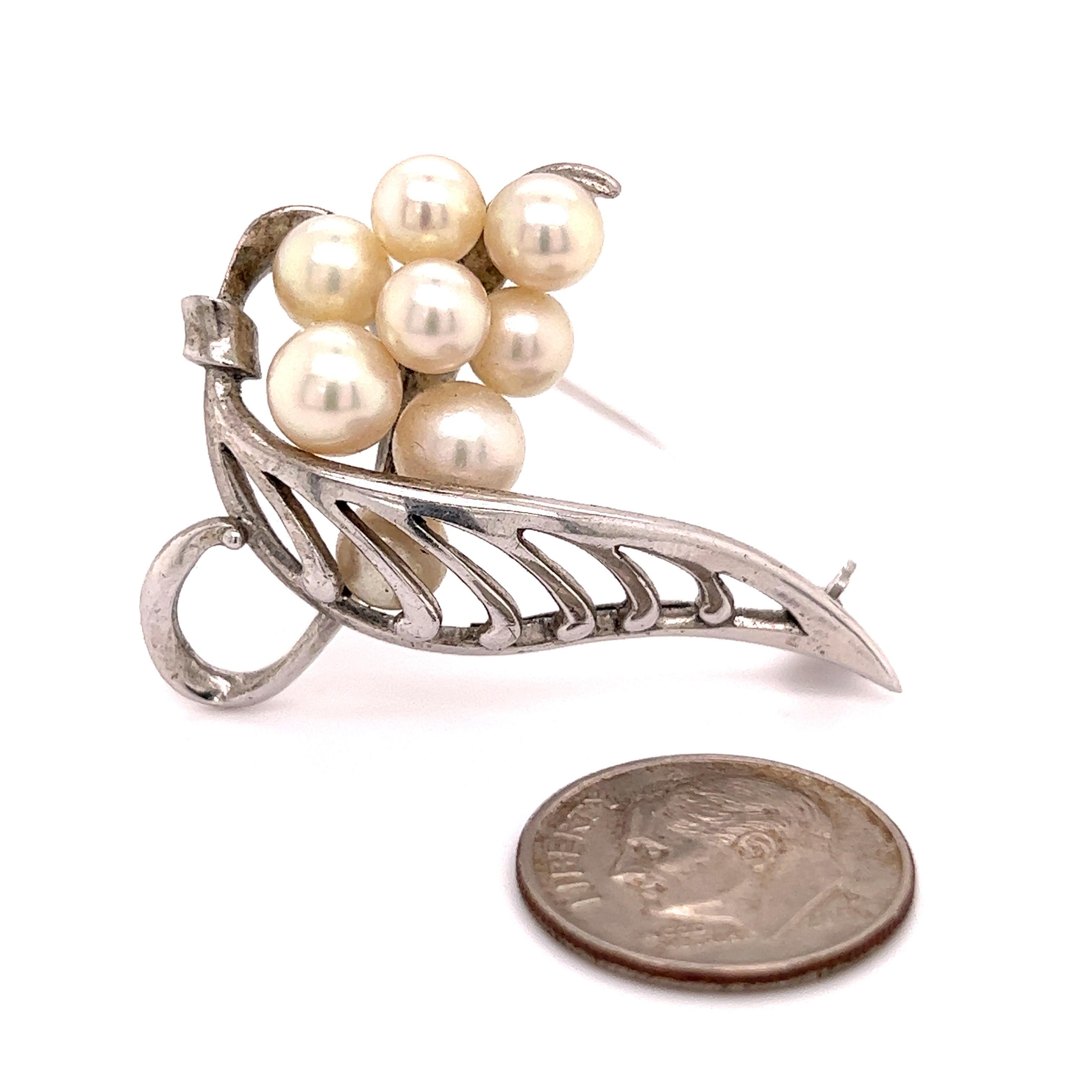 Round Cut Mikimoto Estate Akoya Pearl Brooch 6.5 mm Sterling Silver For Sale