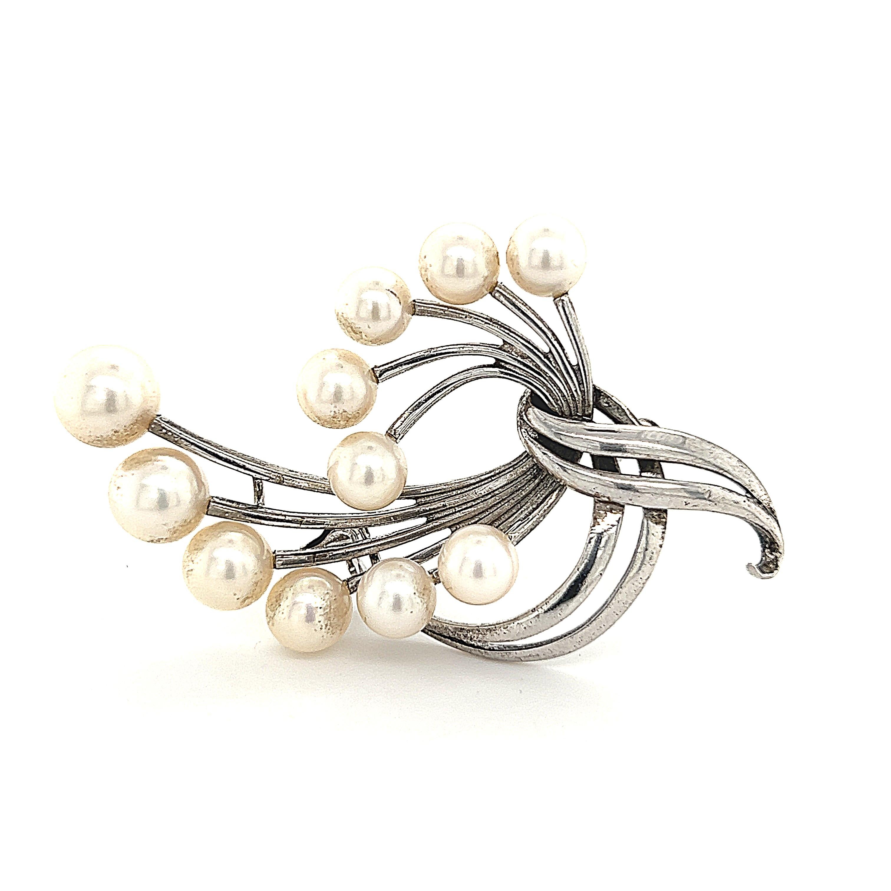 Mikimoto Estate Akoya Pearl Brooch Sterling Silver 6.6 mm 10.3g For Sale 2