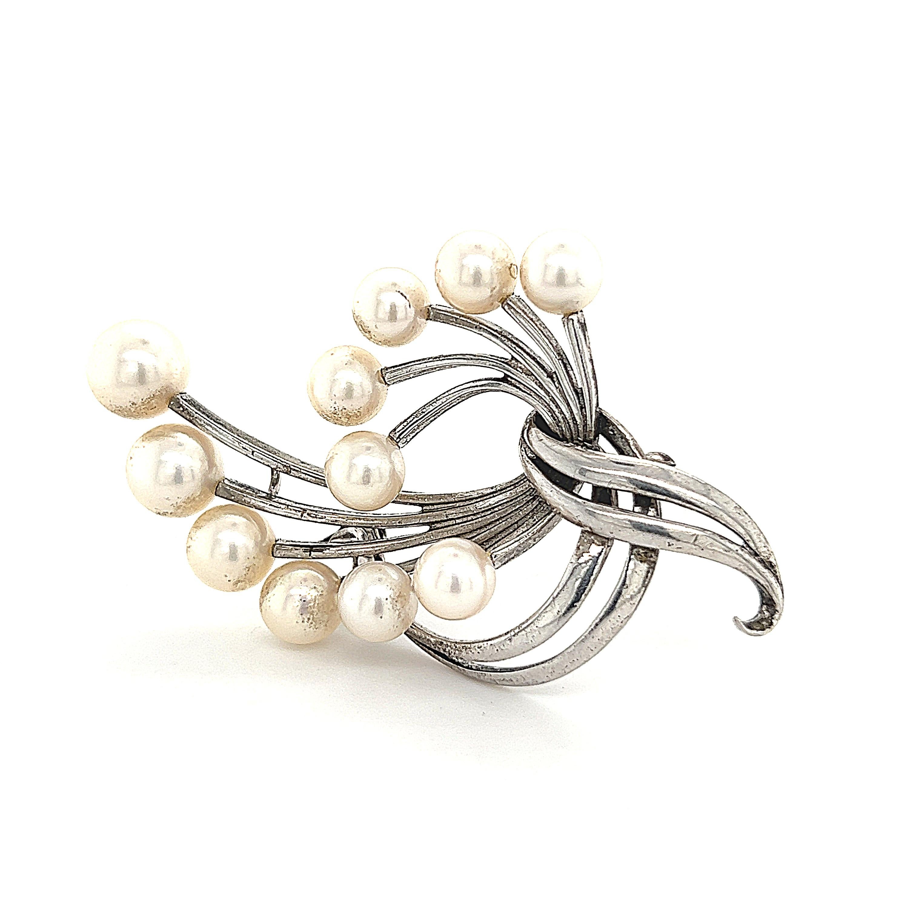 Mikimoto Estate Akoya Pearl Brooch Sterling Silver 6.6 mm 10.3g For Sale 1