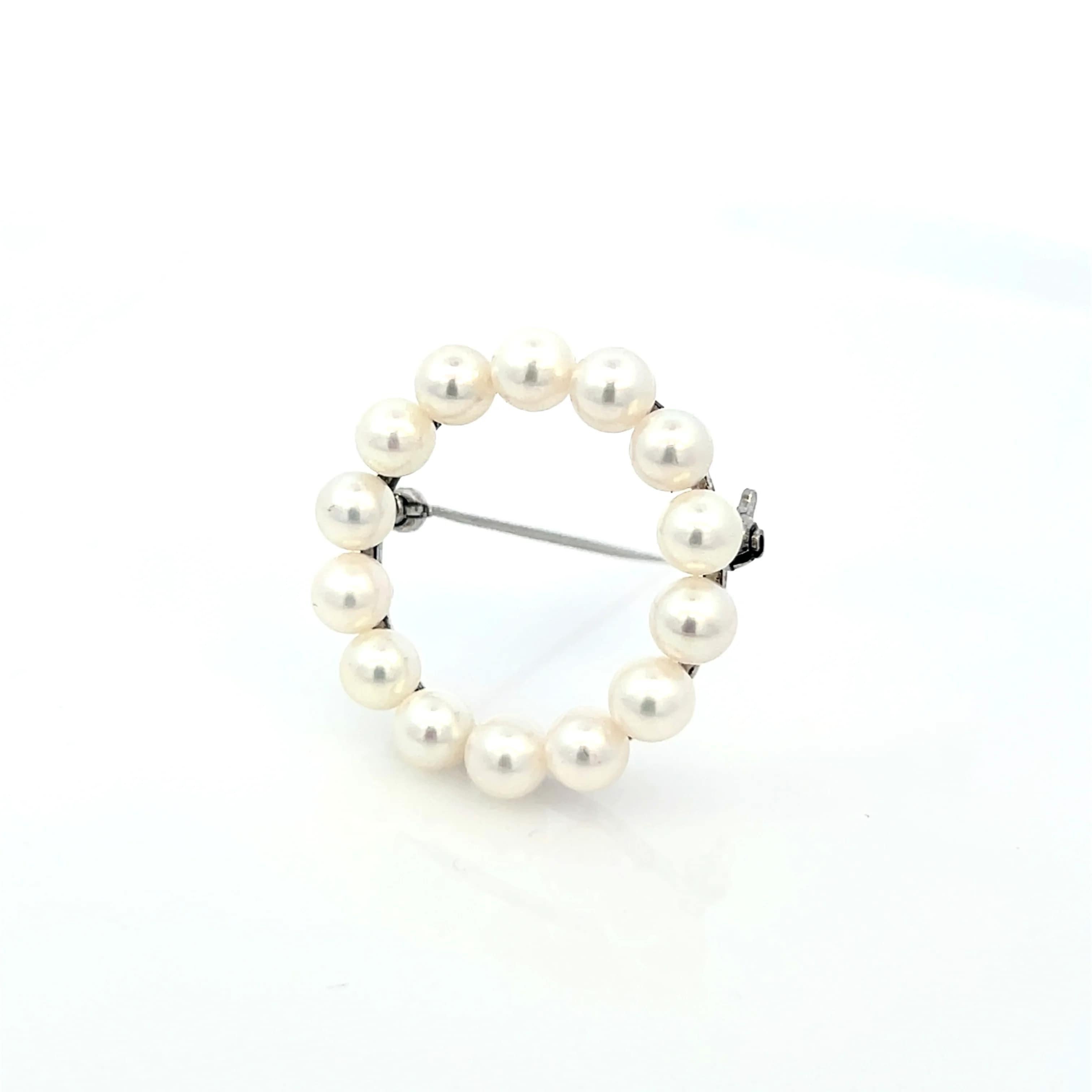 Round Cut Mikimoto Estate Akoya Pearl Circle Wreath Brooch Pin Sterling Silver