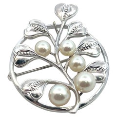 Mikimoto Estate Akoya Pearl Circular Flower Brooch Pin Sterling Silver