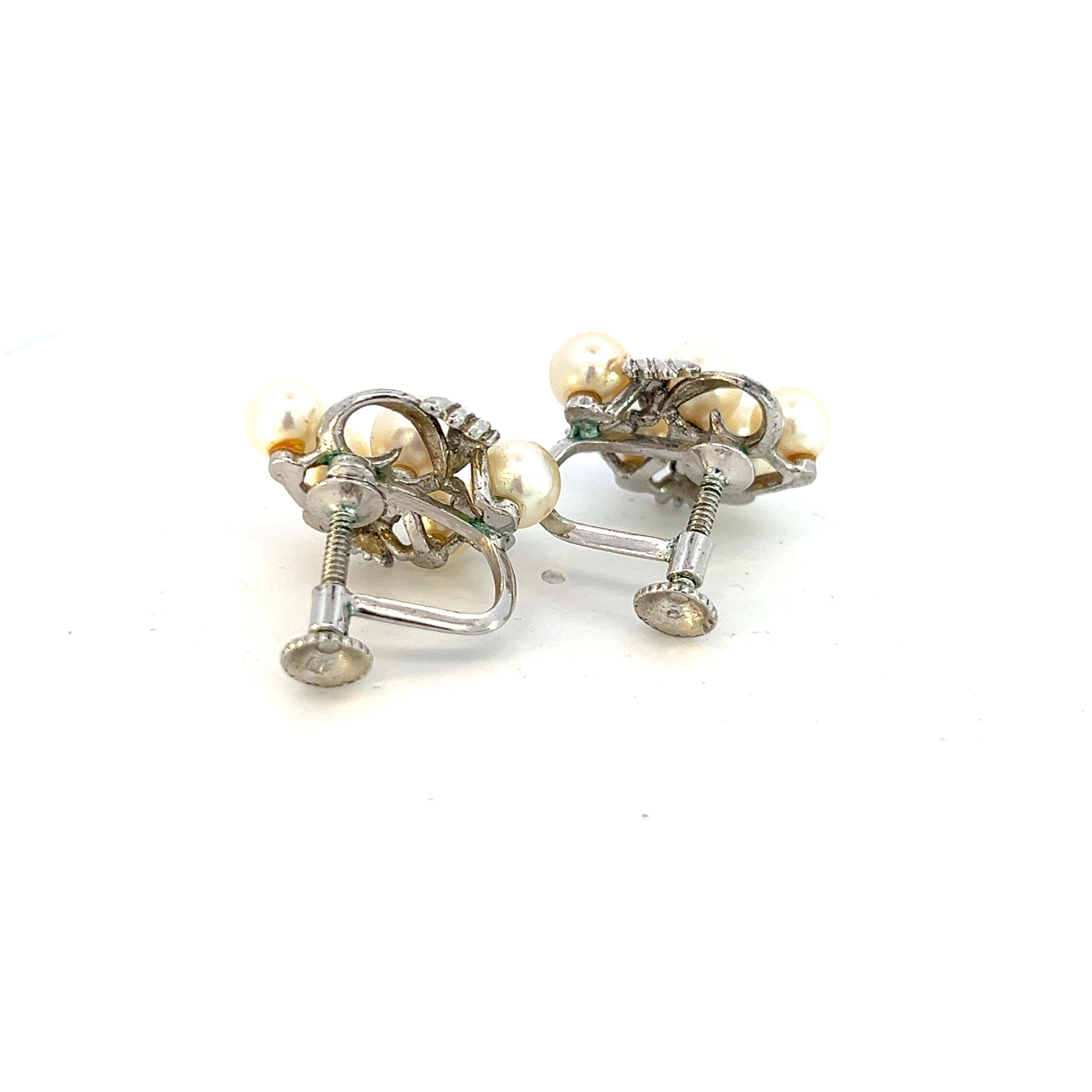Women's Mikimoto Estate Akoya Pearl Screw on Earrings Sterling Silver 5-6 mm 6.4 Grams For Sale