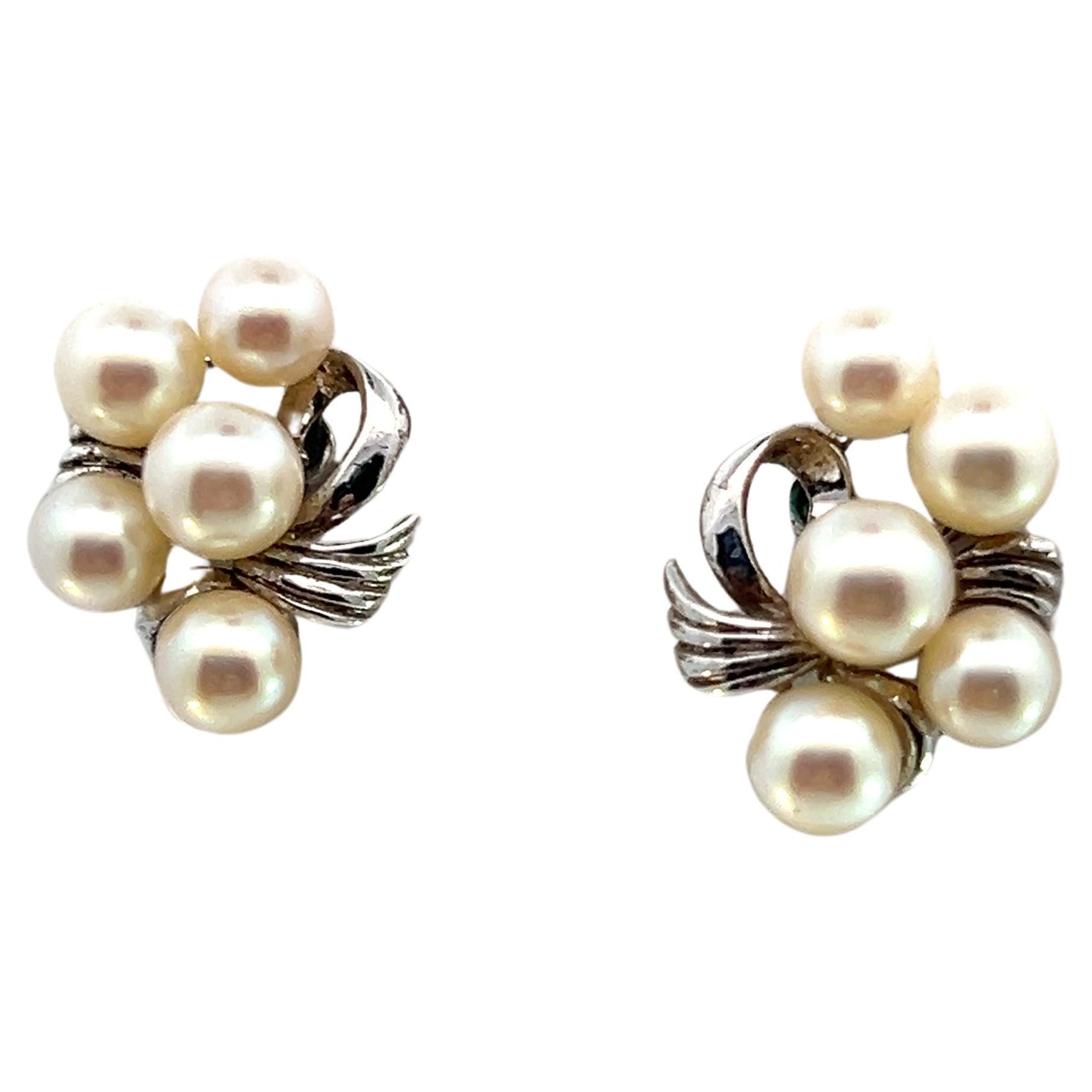 Mikimoto Estate Akoya Pearl Clip-on Earrings Sterling Silver 5-6 mm 6.4 Grams