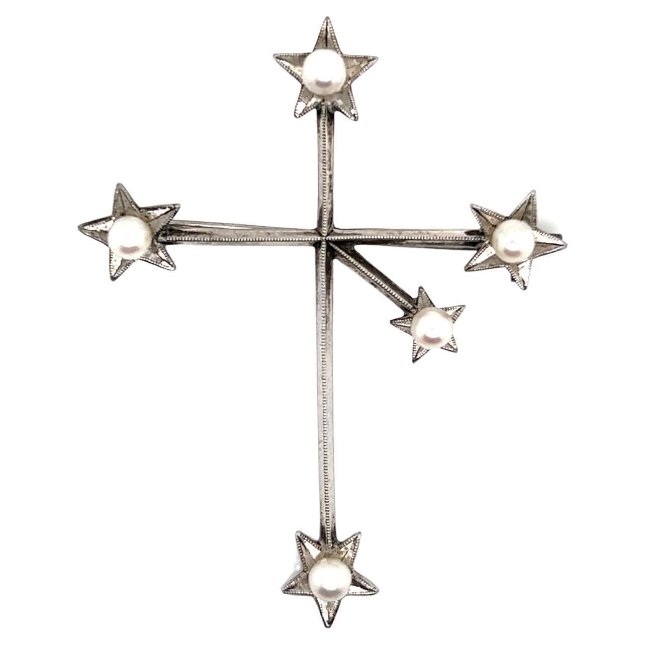Mikimoto Estate Akoya Pearl Cross Brooch Sterling Silver 4 mm 