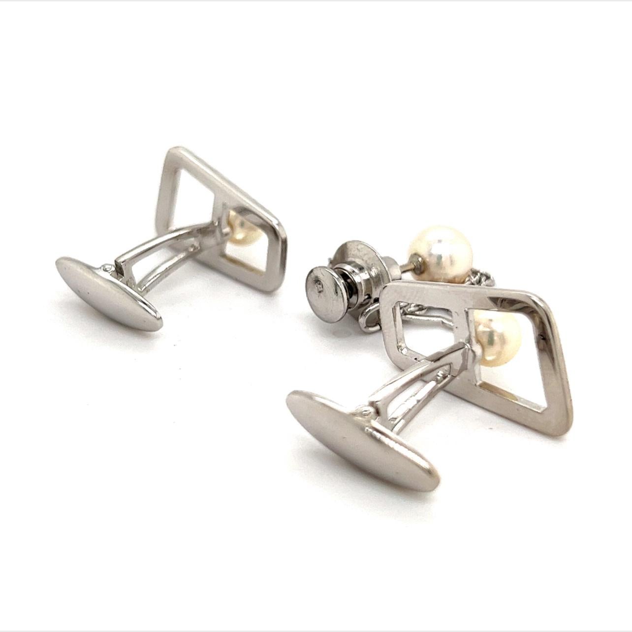 Mikimoto Estate Akoya Pearl Cufflinks and Tie Pin Sterling Silver For Sale 3