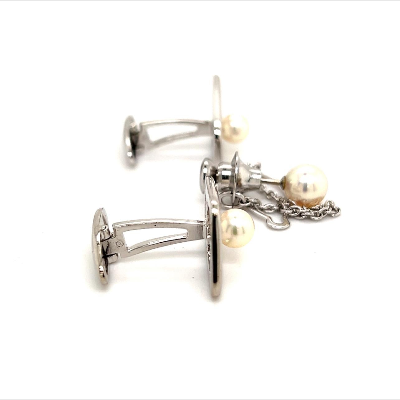 Round Cut Mikimoto Estate Akoya Pearl Cufflinks and Tie Pin Sterling Silver For Sale