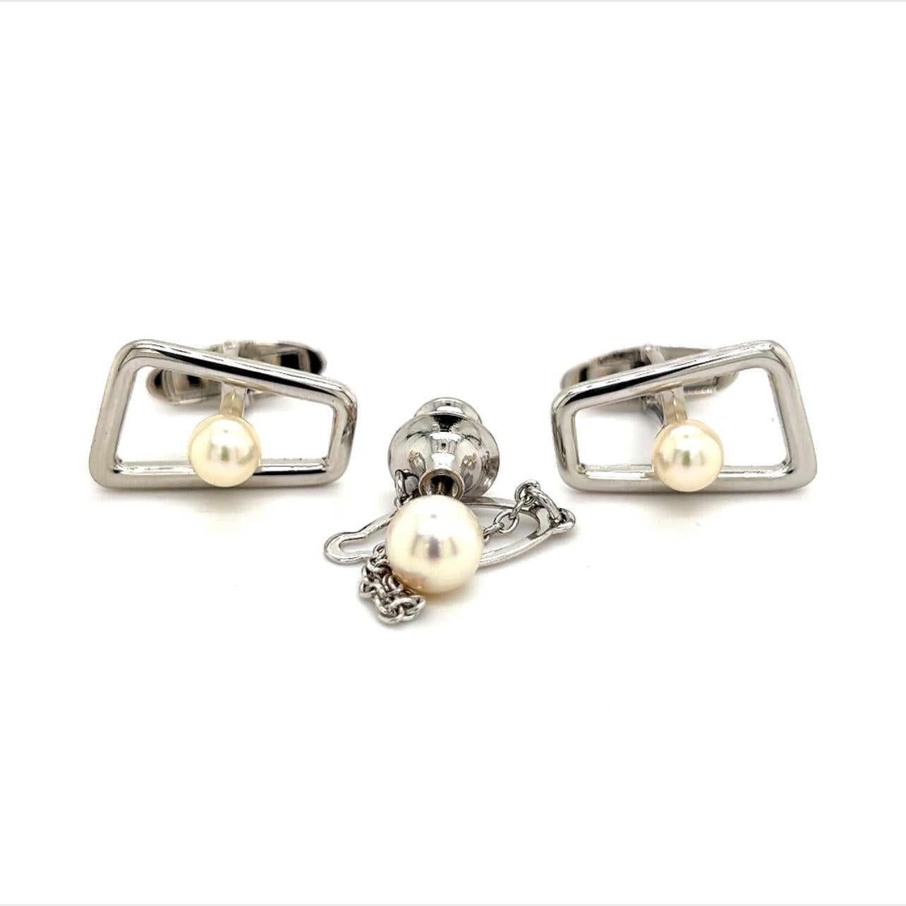 Men's Mikimoto Estate Akoya Pearl Cufflinks and Tie Pin Sterling Silver For Sale