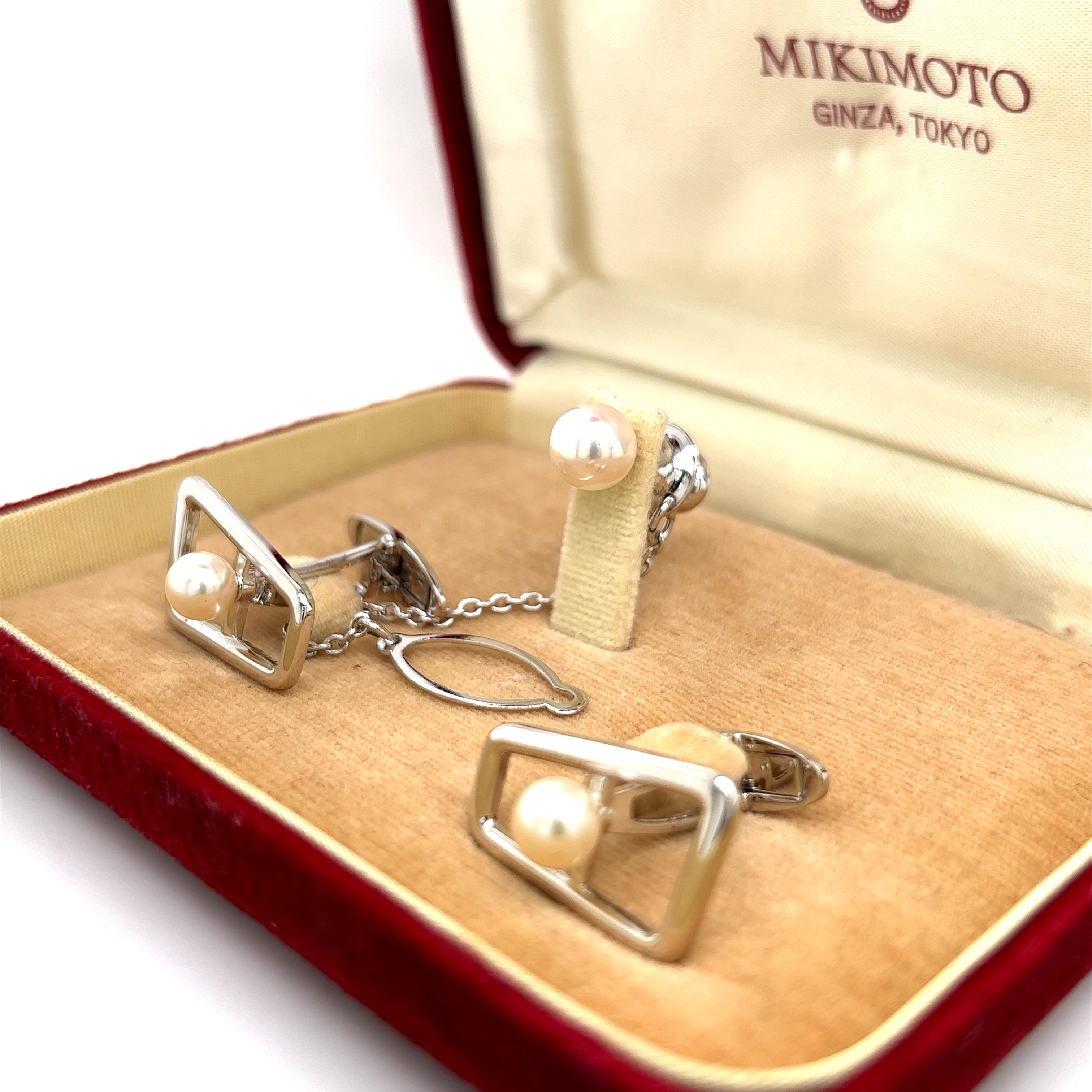 Mikimoto Estate Akoya Pearl Cufflinks and Tie Pin Sterling Silver 1