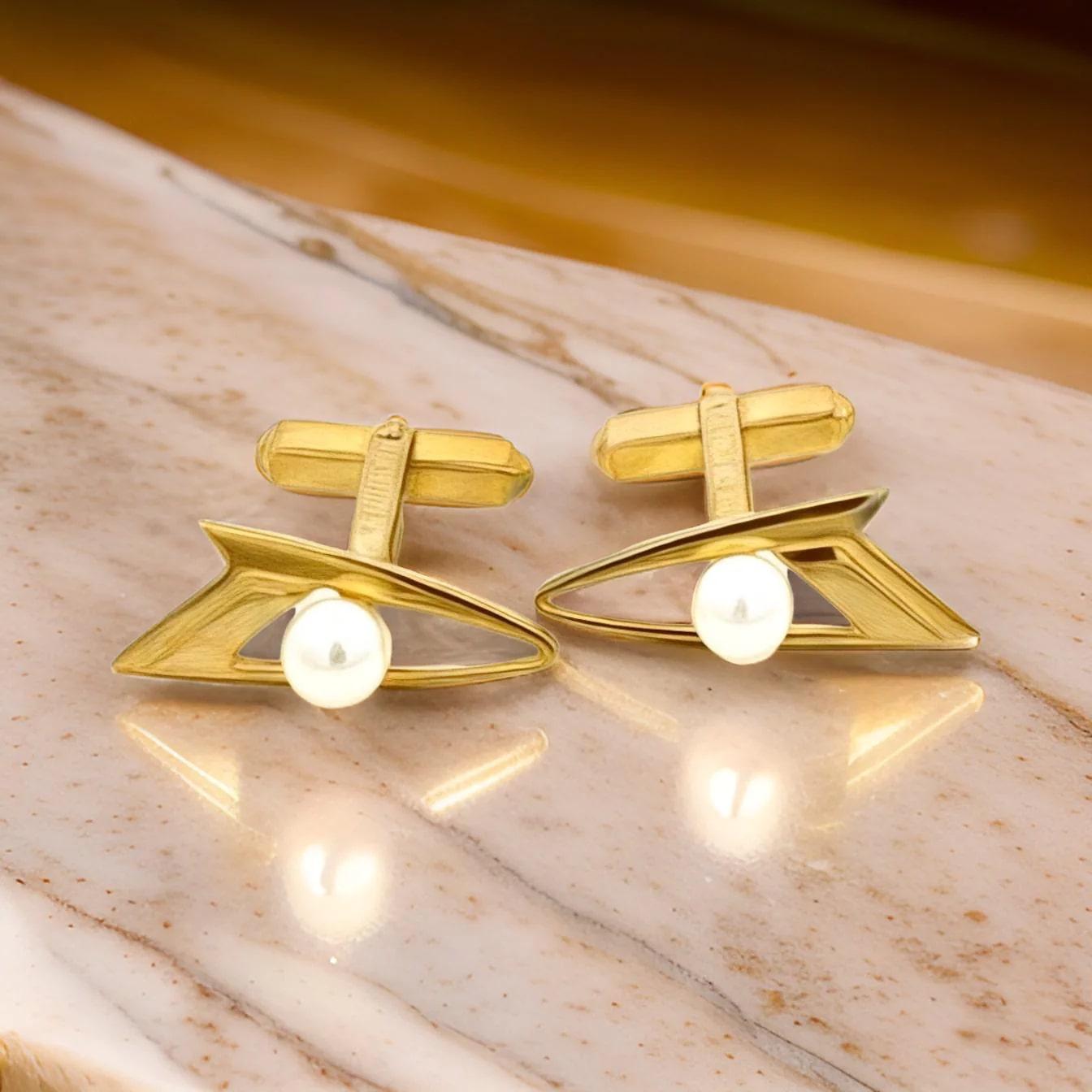 Mikimoto Estate Akoya Pearl Cufflinks Overlay 14k Gold 6 mm For Sale 3