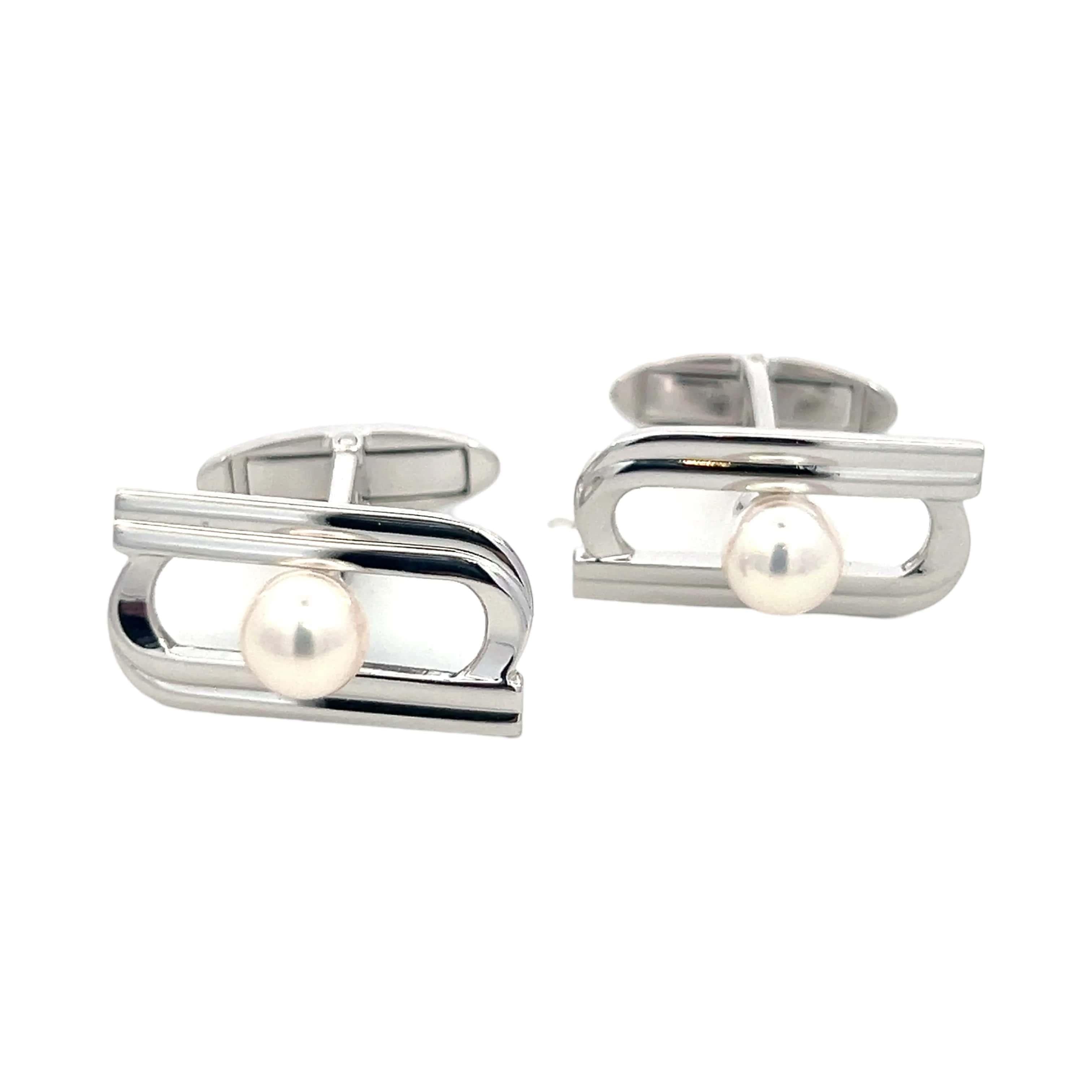 Mikimoto Estate Akoya Pearl Cufflinks Silver 6.15 mm For Sale 1
