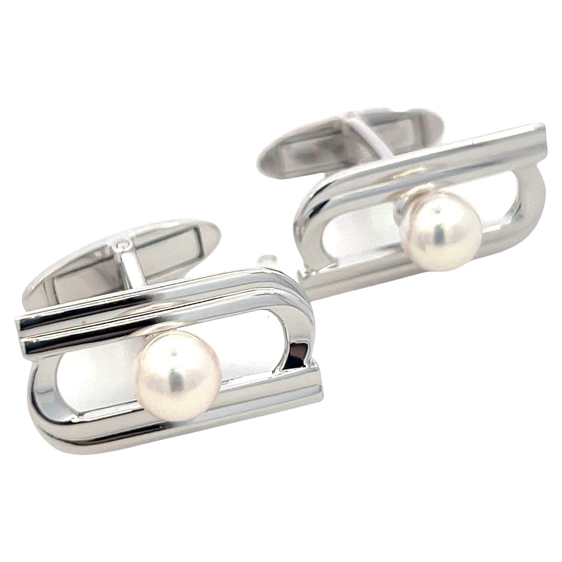 Mikimoto Estate Akoya Pearl Cufflinks Silver 6.15 mm For Sale