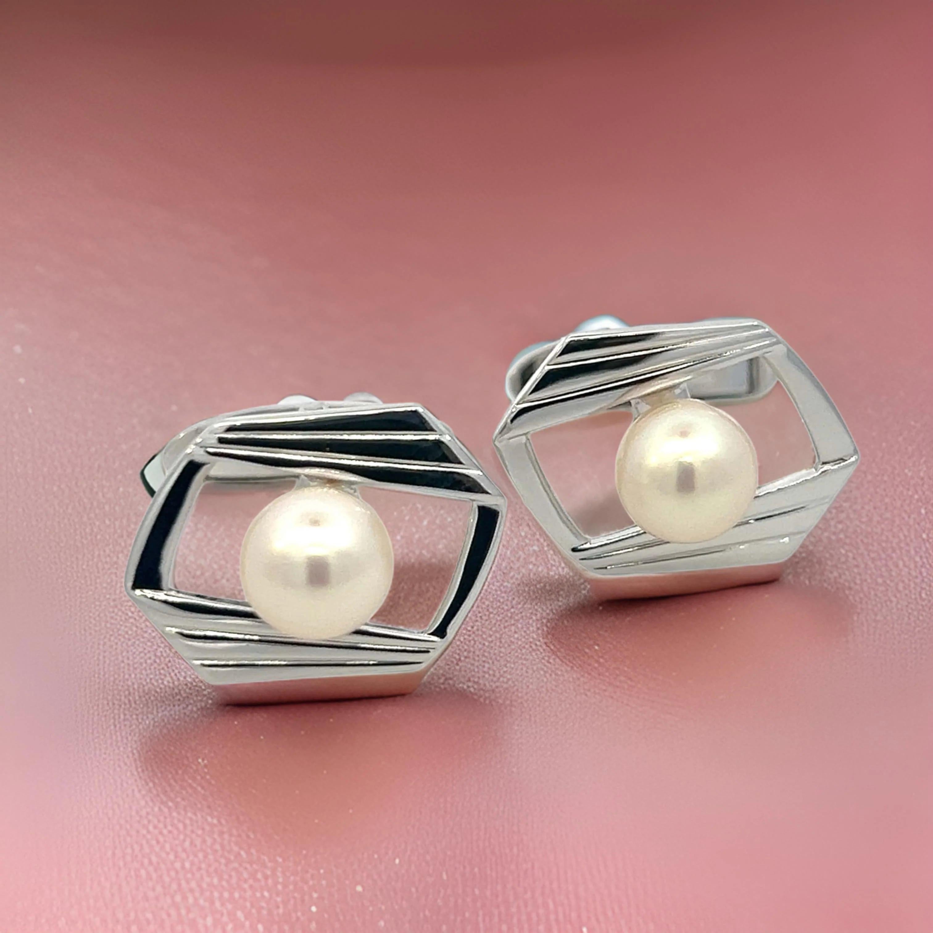 Mikimoto Estate Akoya Pearl Cufflinks Silver 7.5 mm For Sale 6
