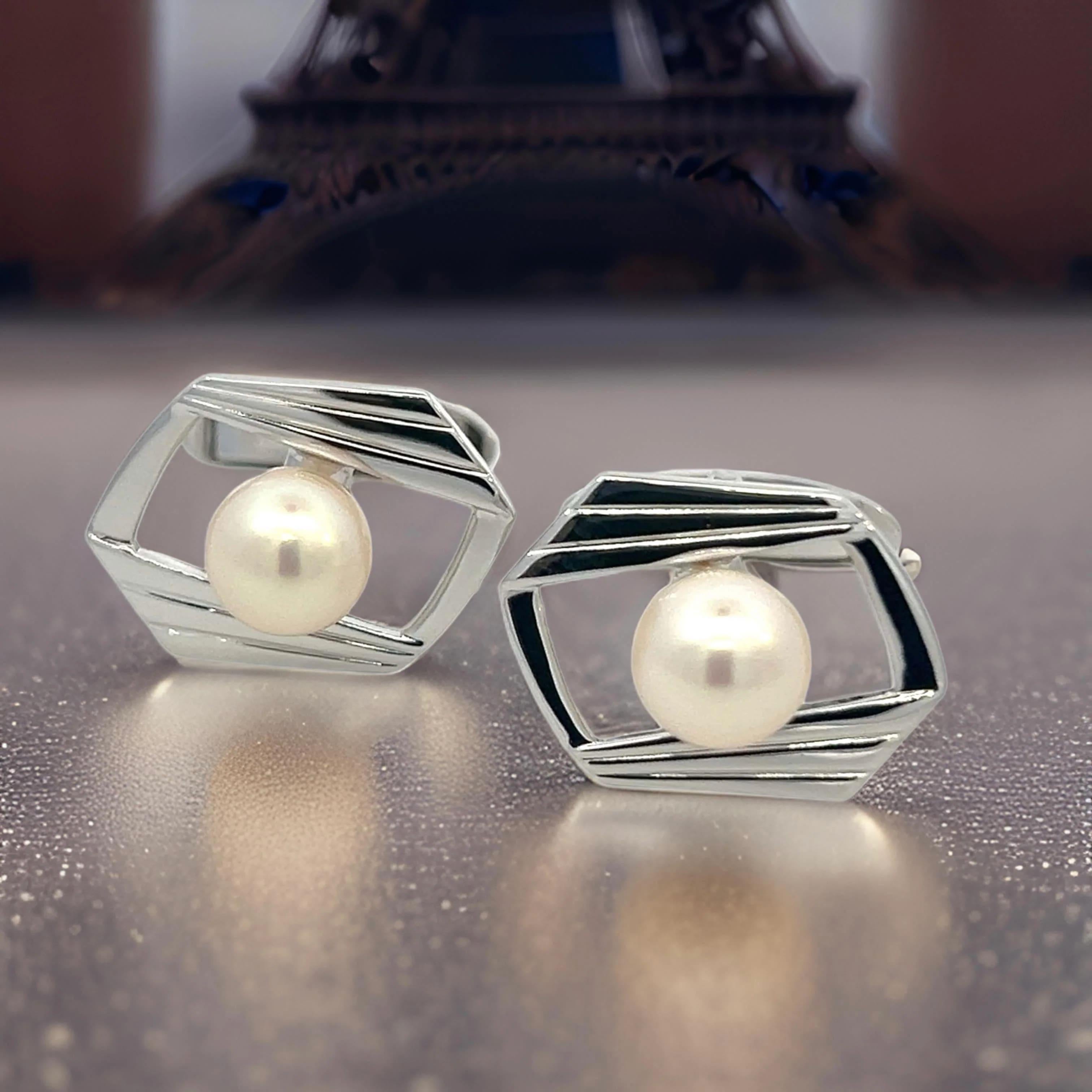 Mikimoto Estate Akoya Pearl Cufflinks Silver 7.5 mm For Sale 4