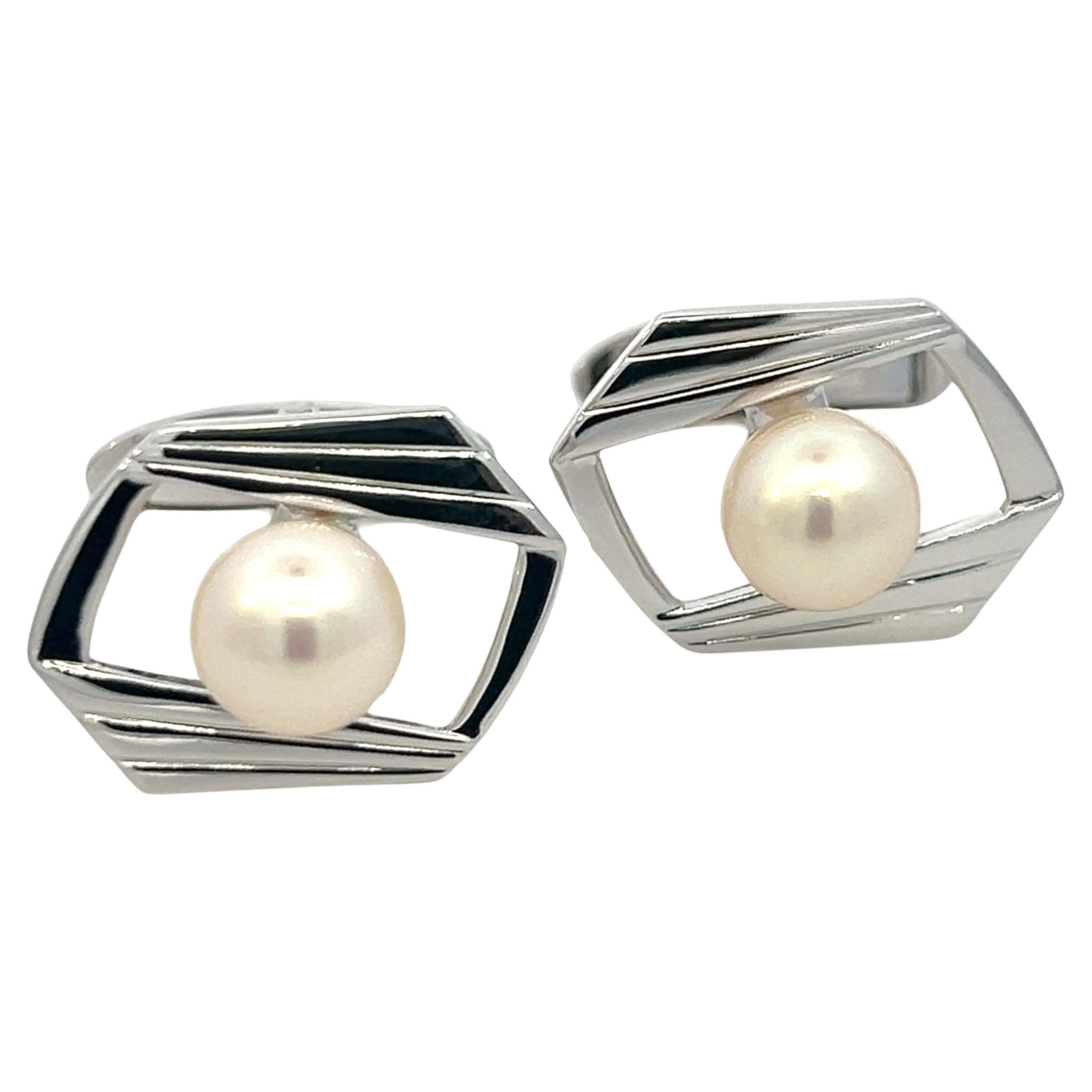 Mikimoto Estate Akoya Pearl Cufflinks Silver 7.5 mm For Sale